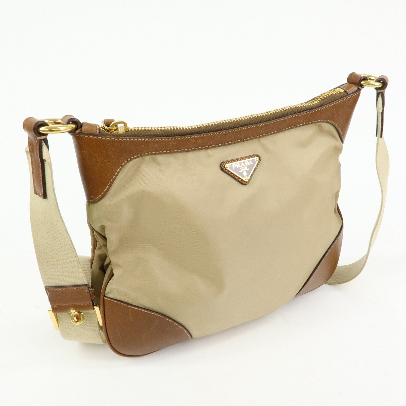 PRADA Triangle Logo Nylon Leather Shoulder Bag Crossbody Bag Beige