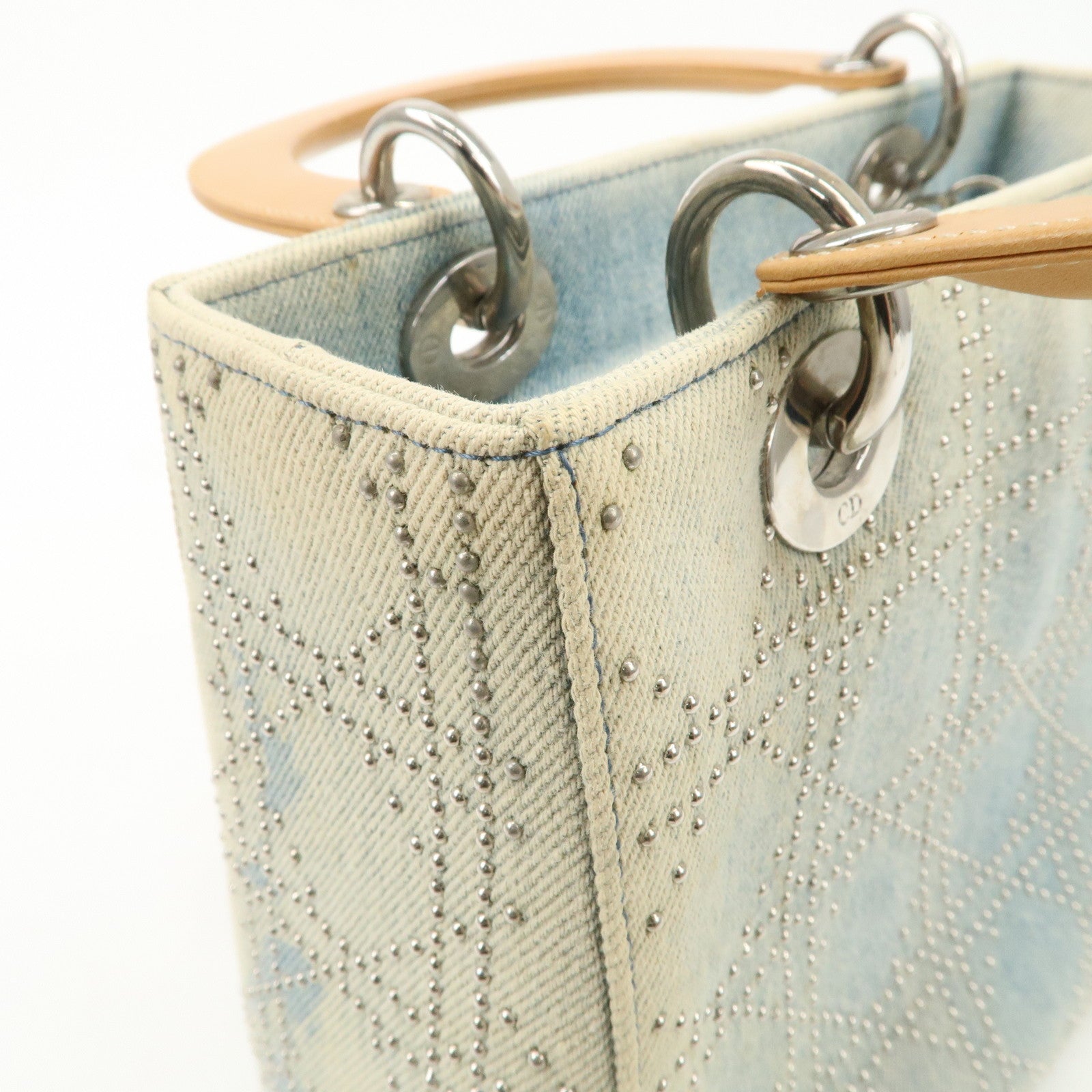 Christian Dior Cannage Leather Denim 2 Way Tote Bag Studs Beige Blue