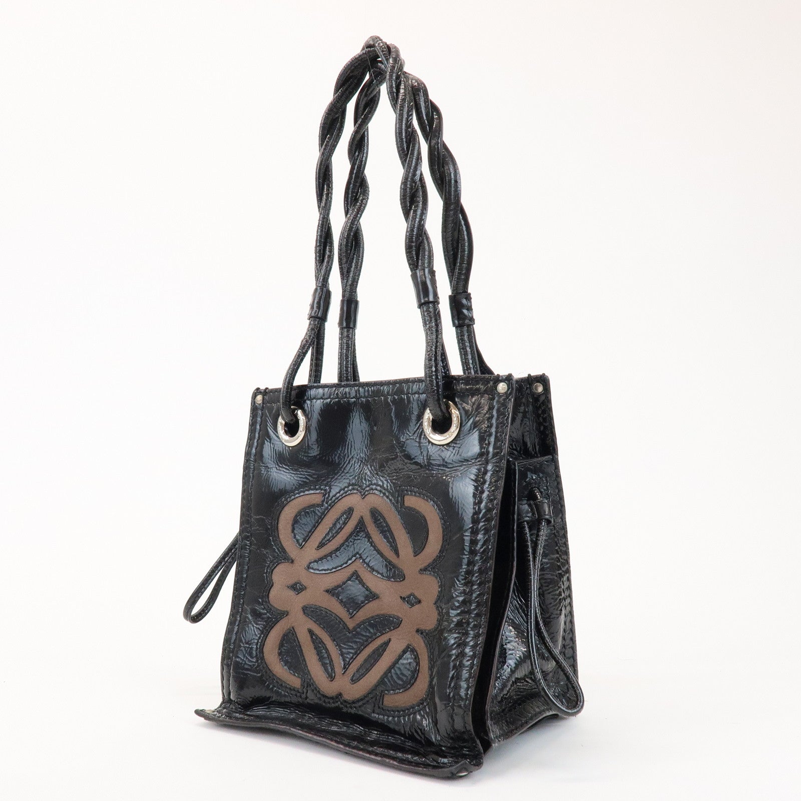 LOEWE Anagram Patent Leather Hand Bag Shoulder Bag Black Brown