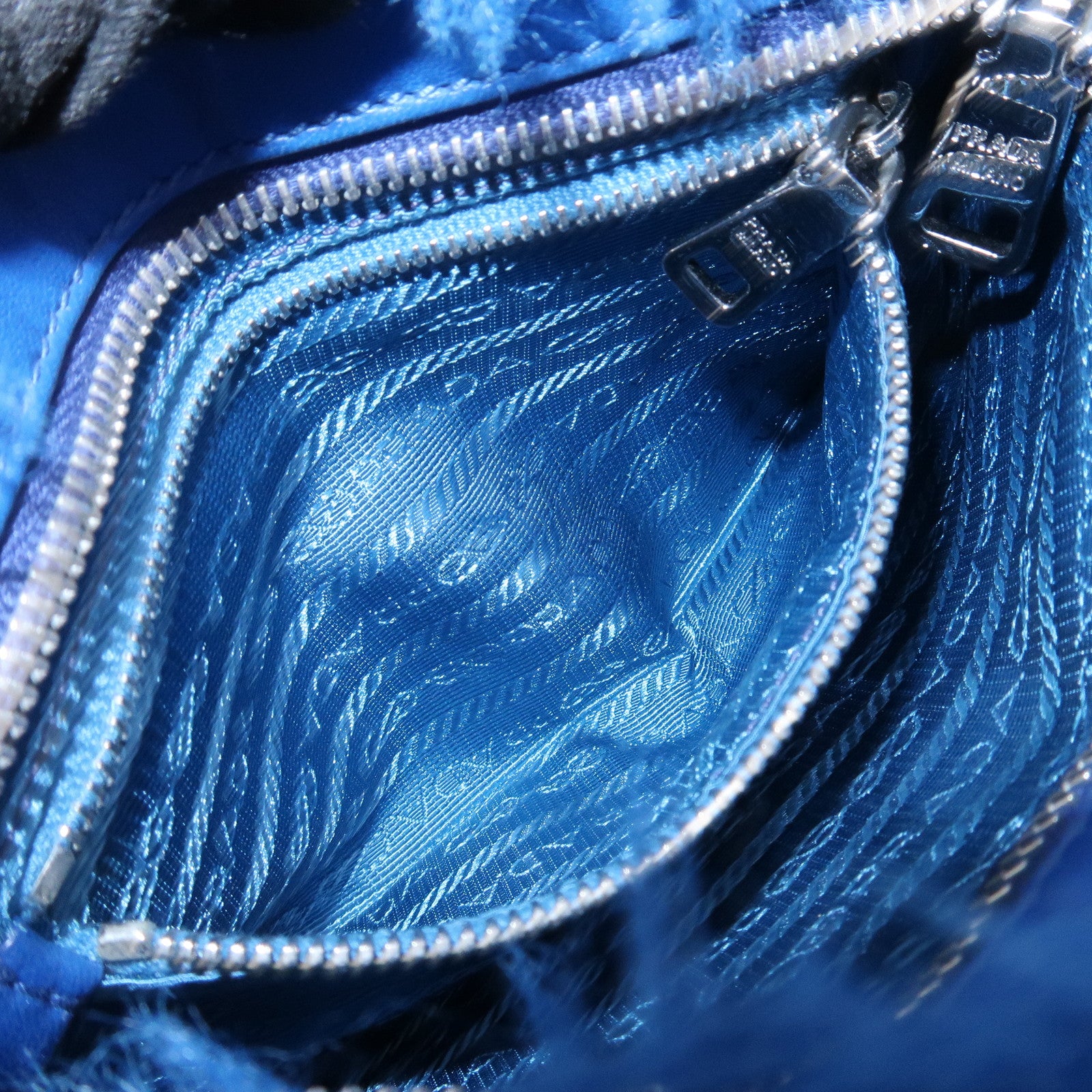 PRADA Triangle Logo Faux Fur Clutch Bag Flat Pouch Blue 1N1530