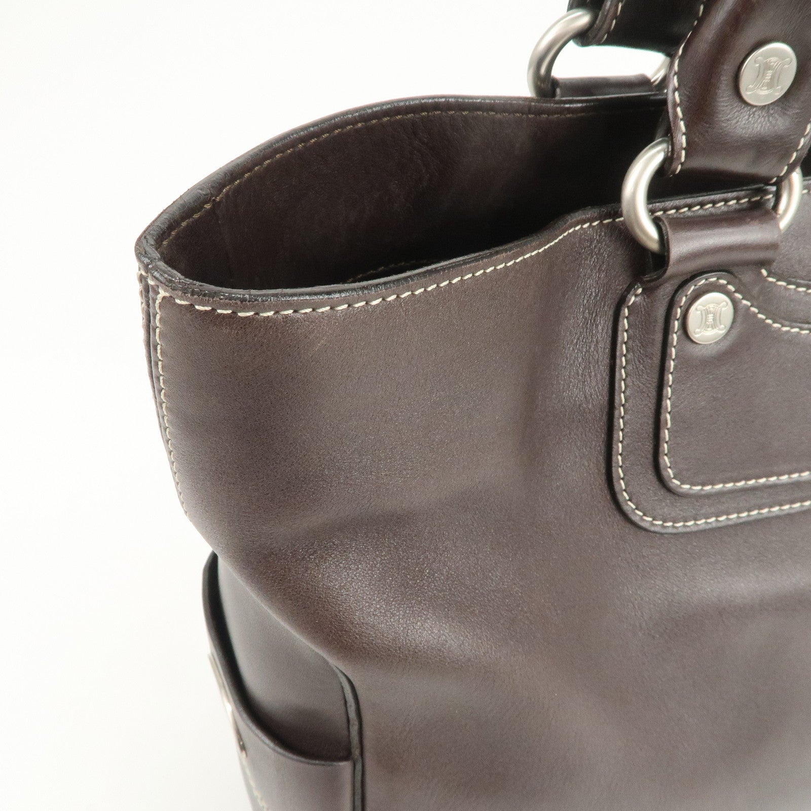 CELINE Macadam Logo Leather Tote Bag Hand Bag Dark Brown