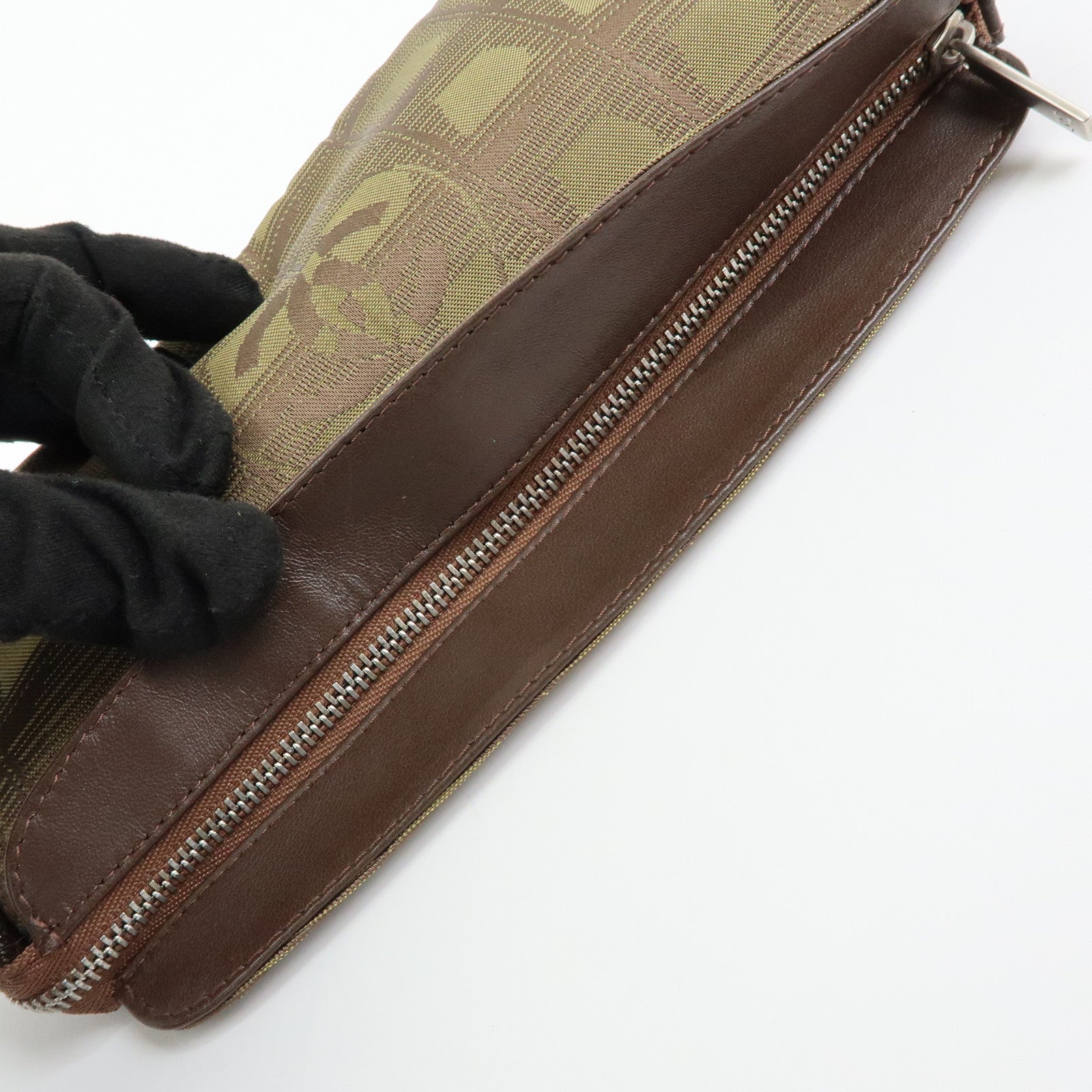 CHANEL New Travel Line Nylon Jacquard Leather Cosmetic Pouch Khaki