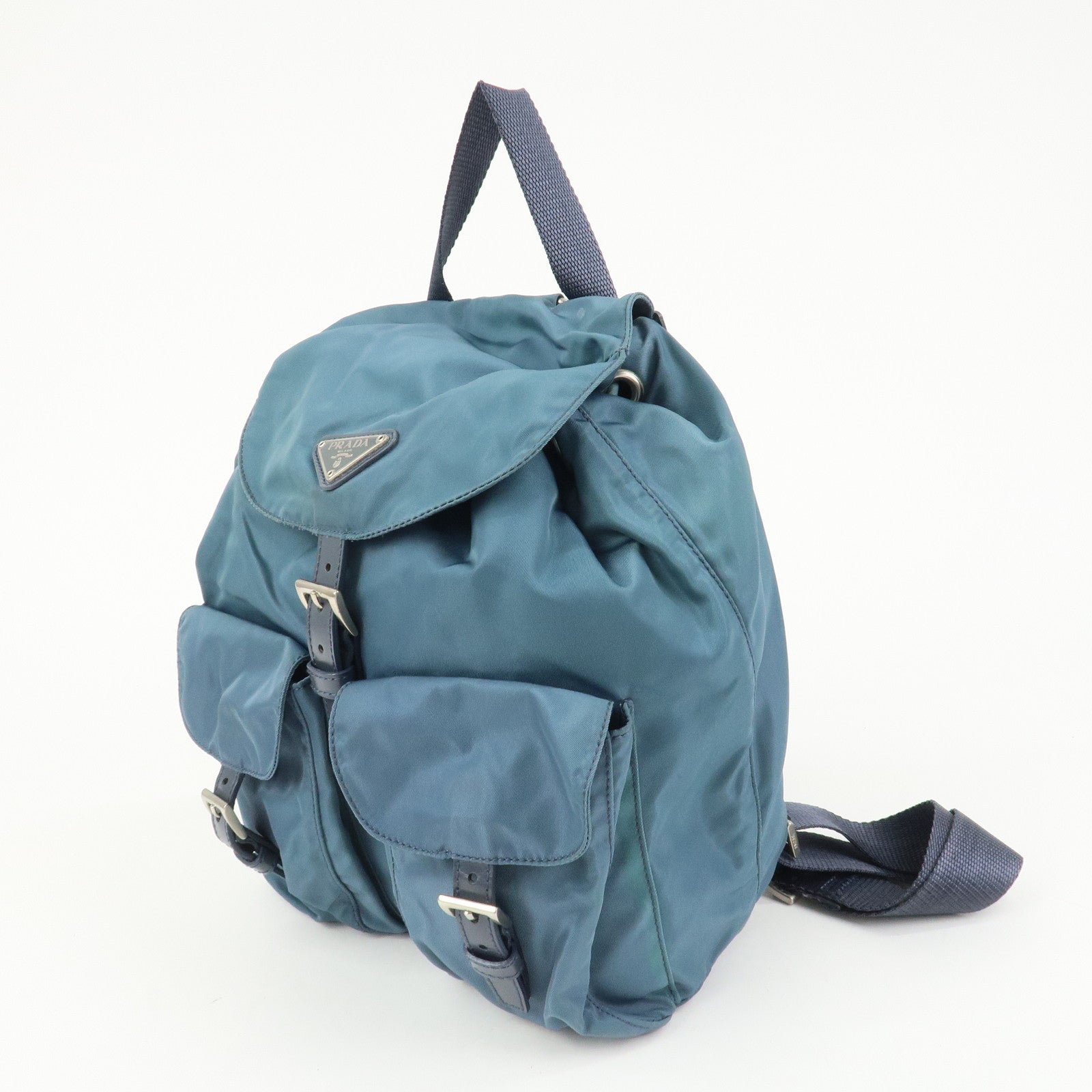 PRADA Triangle Logo Nylon Leather Backpack Rucksack Blue B6677F