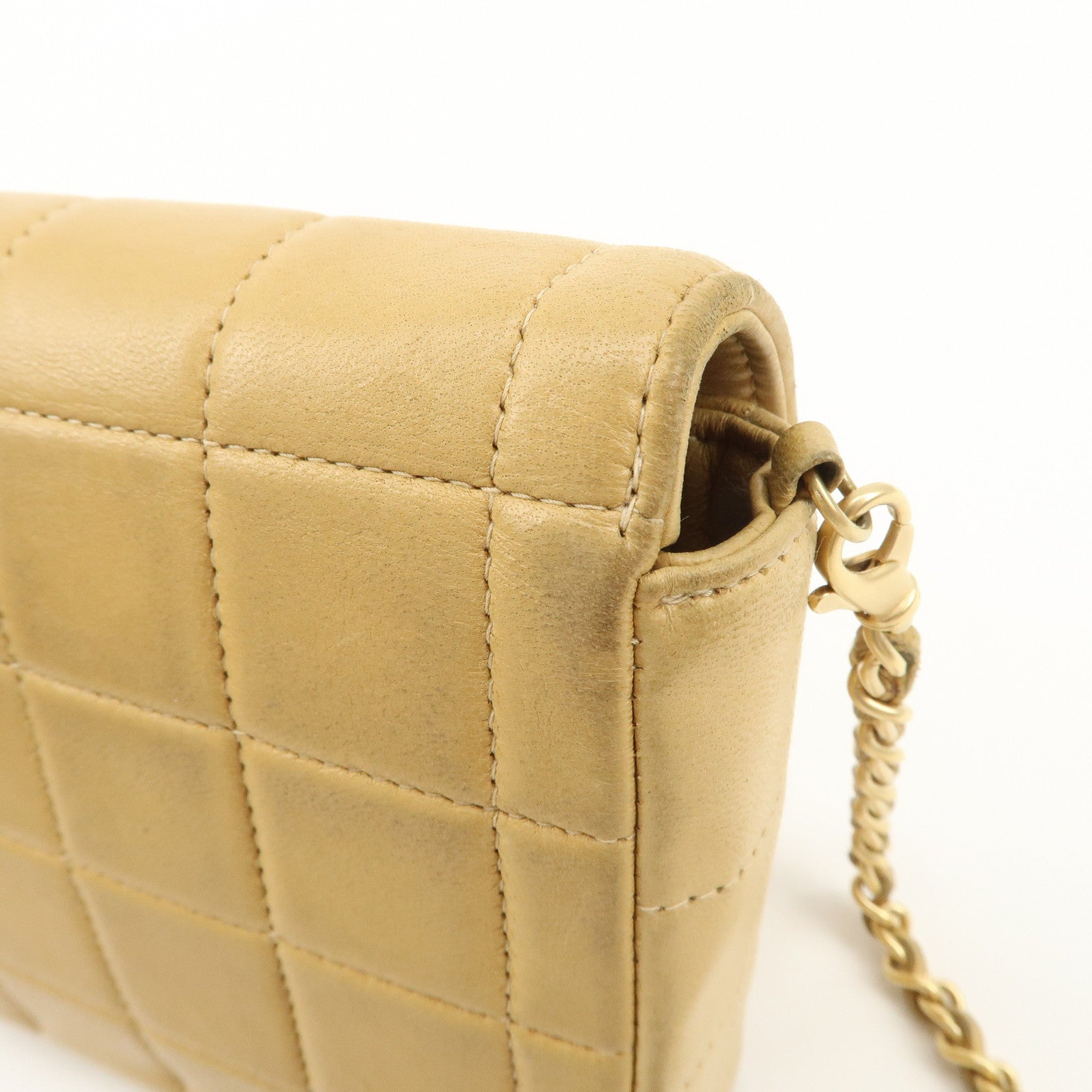 CHANEL Chocolate Bar Lamb Skin Chain Shoulder Bag Beige Gold Used
