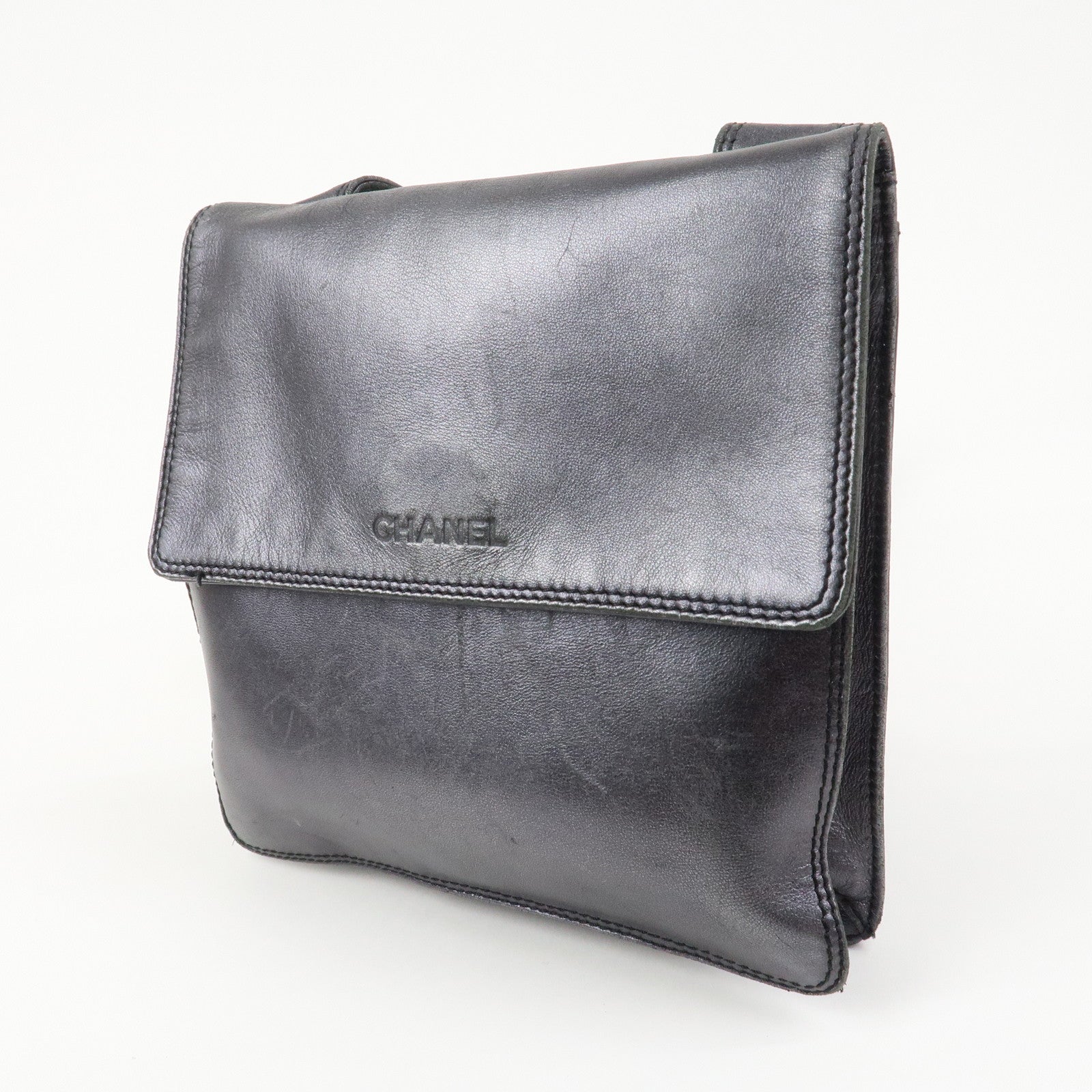 CHANEL Leather Shoulder Bag Crossbody Bag Metallic Gray