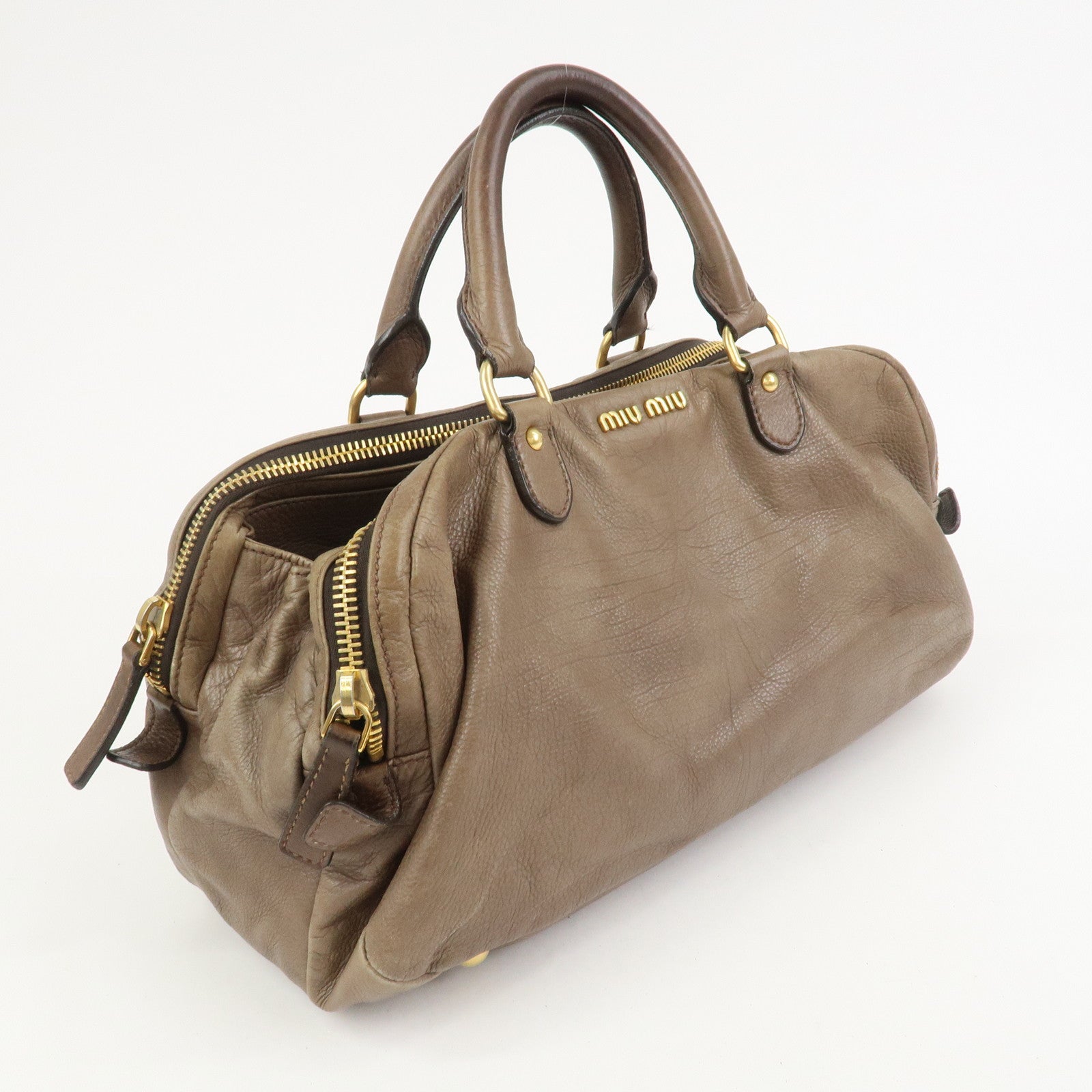 MIU MIU Logo Leather 2Way Bag Hand Bag Boston Bag Brown