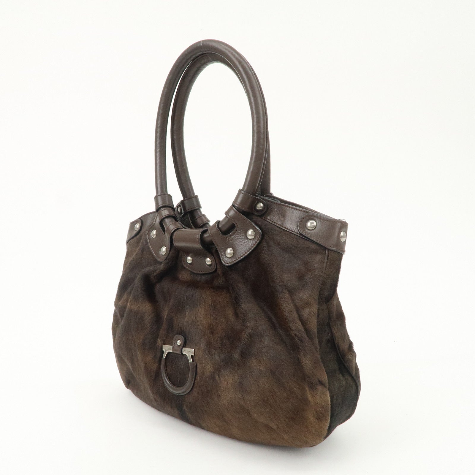 Ferragamo Gancini Unborn Calf Leather Hand Bag Dark Brown Used