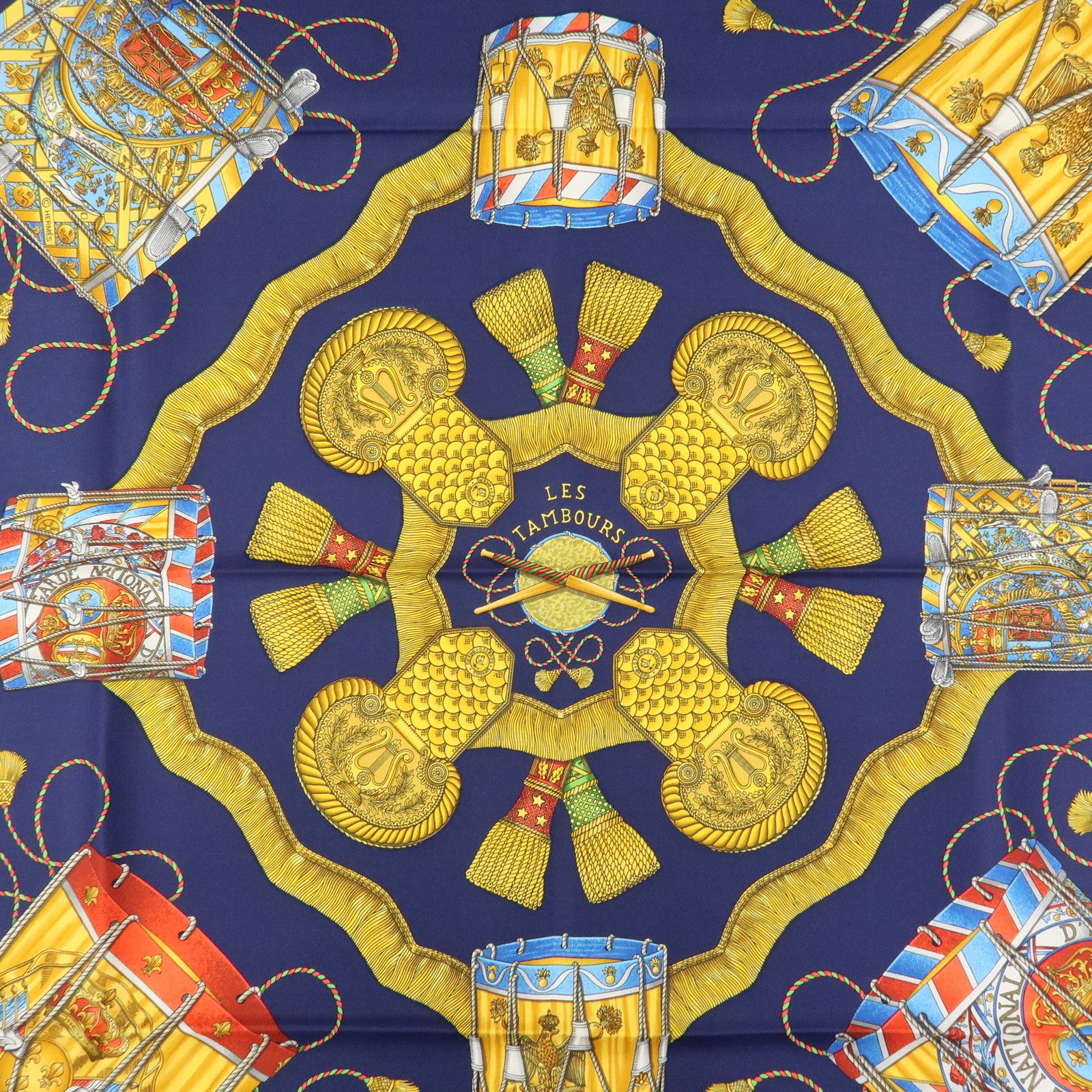 HERMES Carre 90 Silk 100% Scarf LES TAMBOURS Navy Gold