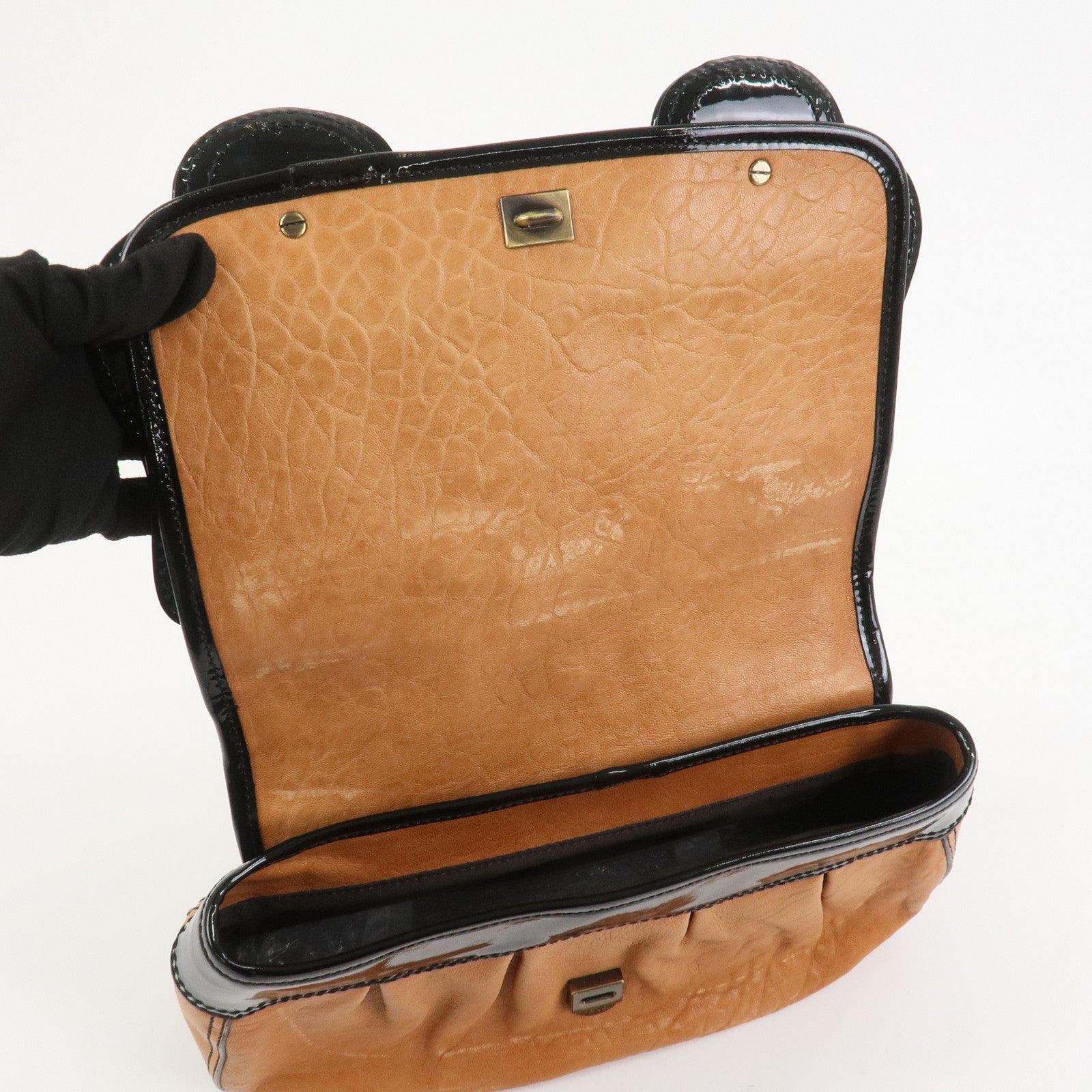 FENDI Patent Leather Shoulder Bag Hand Bag Brown Black 8BN165