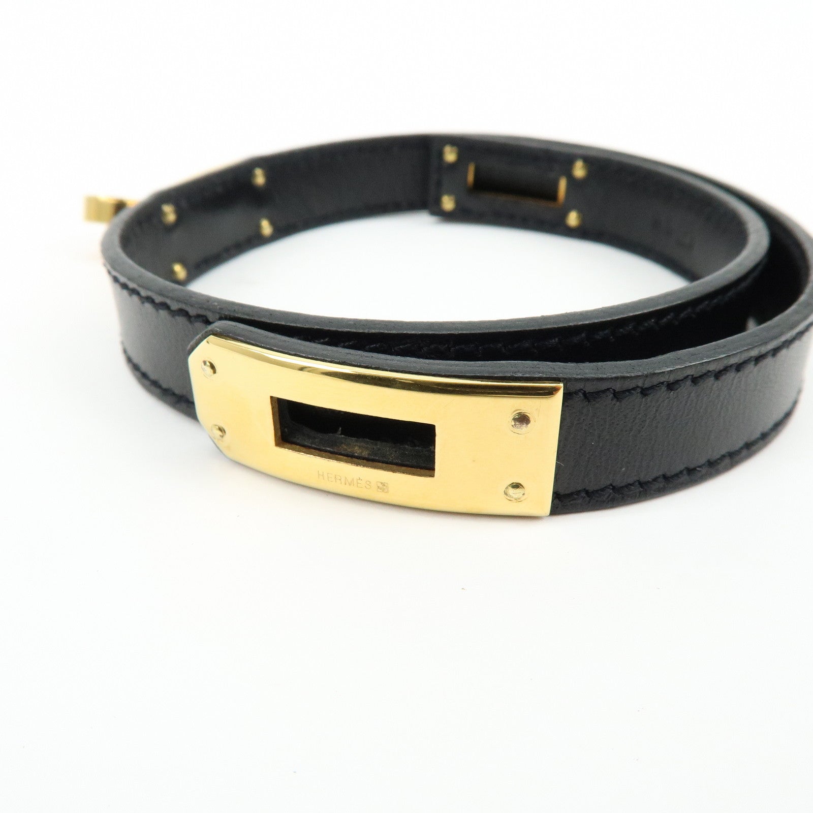 HERMES Kelly Double Tour Leather □F Stamped Bracelet Black