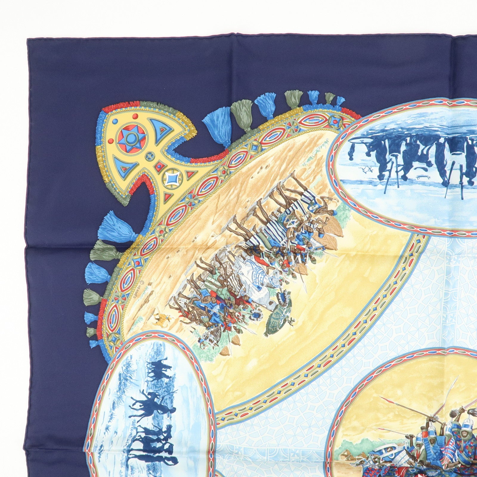 HERMES Carre 90 Silk 100% Scarf CAVALIERS PEULS Blue Yellow
