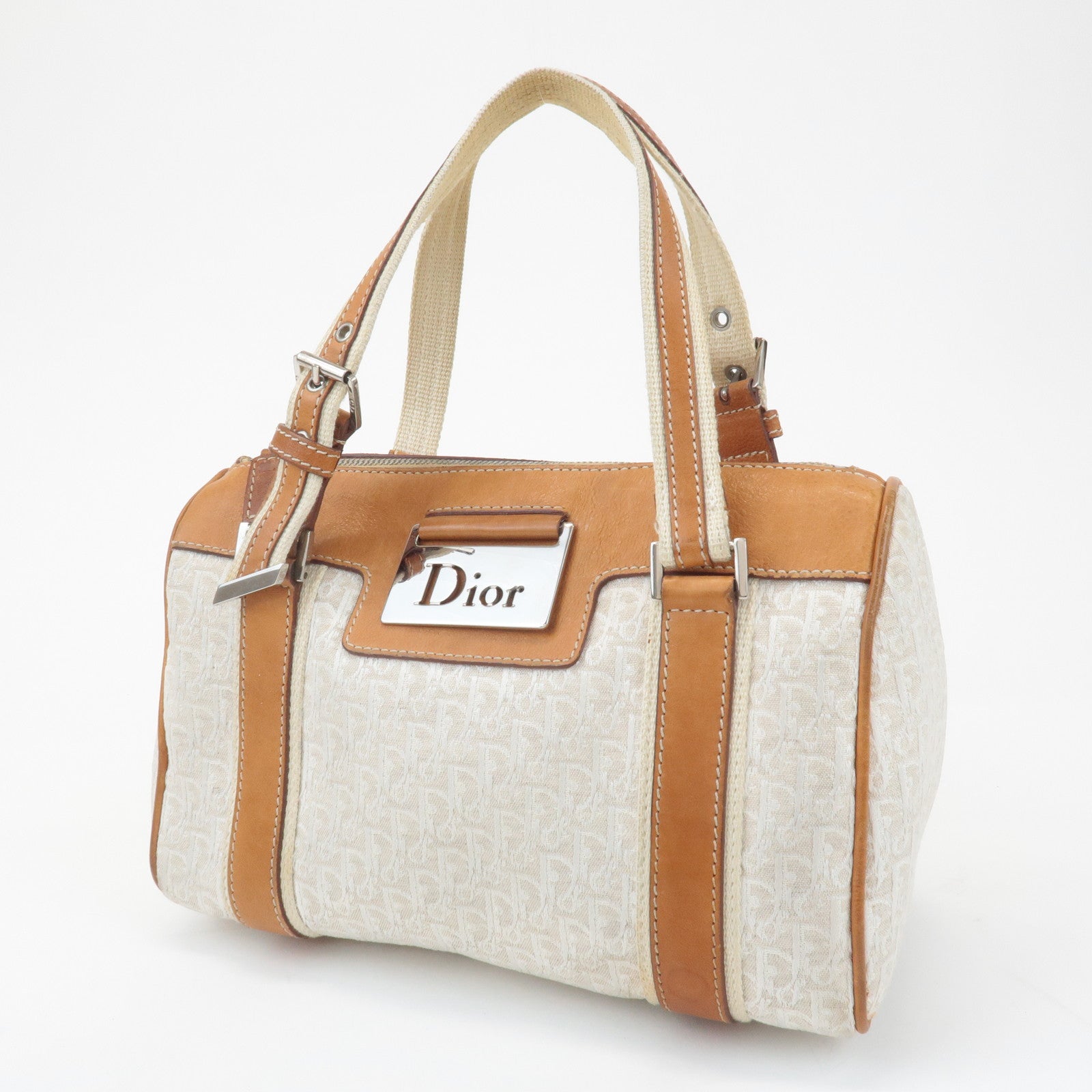 Christian Dior Trotter Canvas Leather Mini Boston Bag White Brown