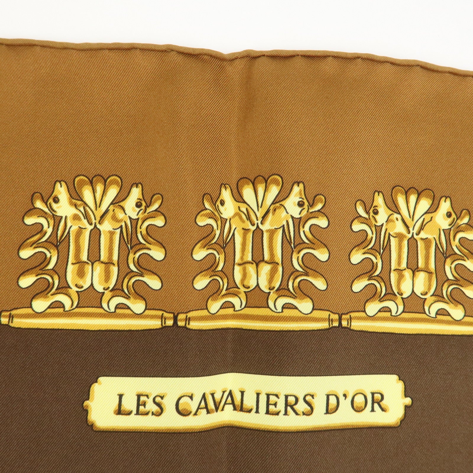 HERMES Carre 90 Silk 100% Scarf LES CAVALIERS D'OR Brown Gold