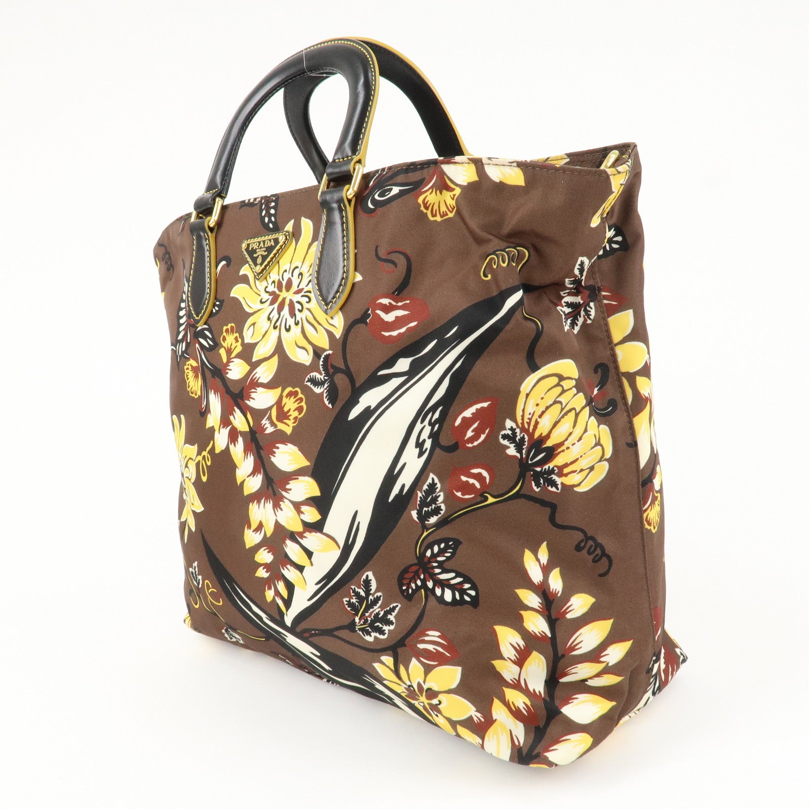 PRADA Triangle Logo Nylon Leather 2Way Bag Shoulder Bag Hand Bag Floral Print Brown Yellow BN2741 Used