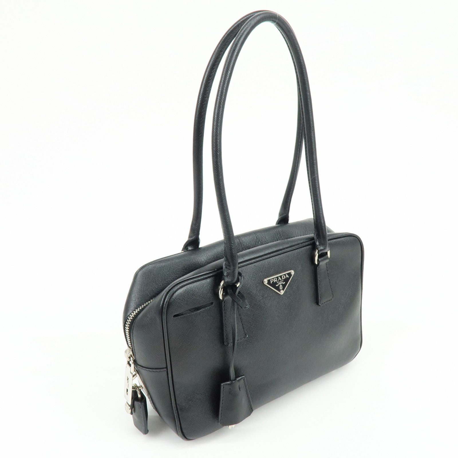 PRADA Triangle Logo Saffiano Leather Hand Bag Shoulder Bag Black