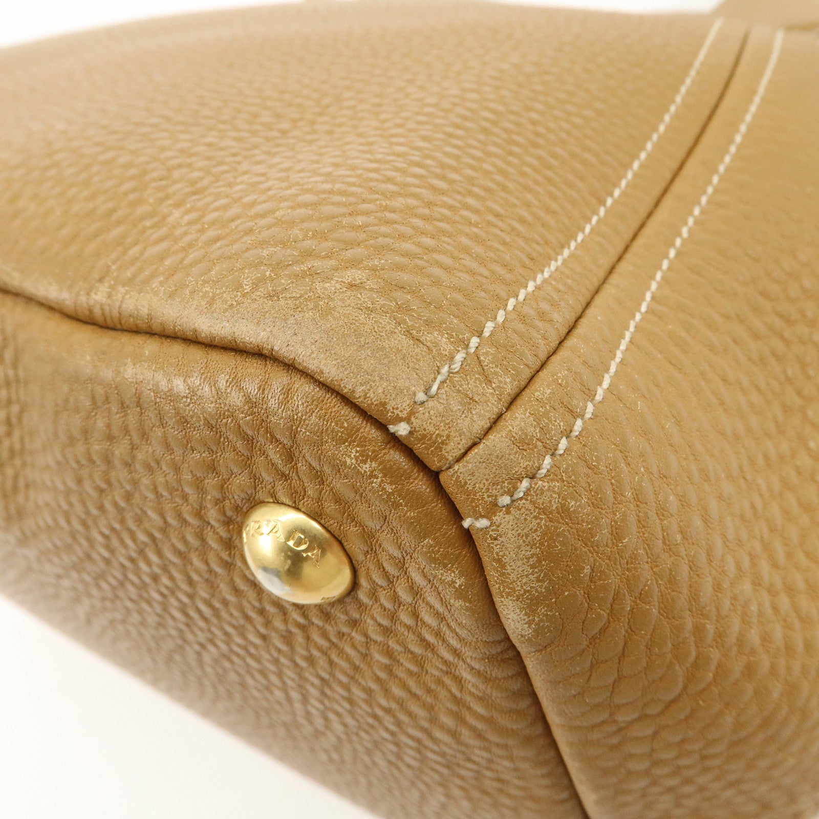 PRADA Leather Tote Bag Hand Bag Shoulder Bag Beige Gold HDW Used