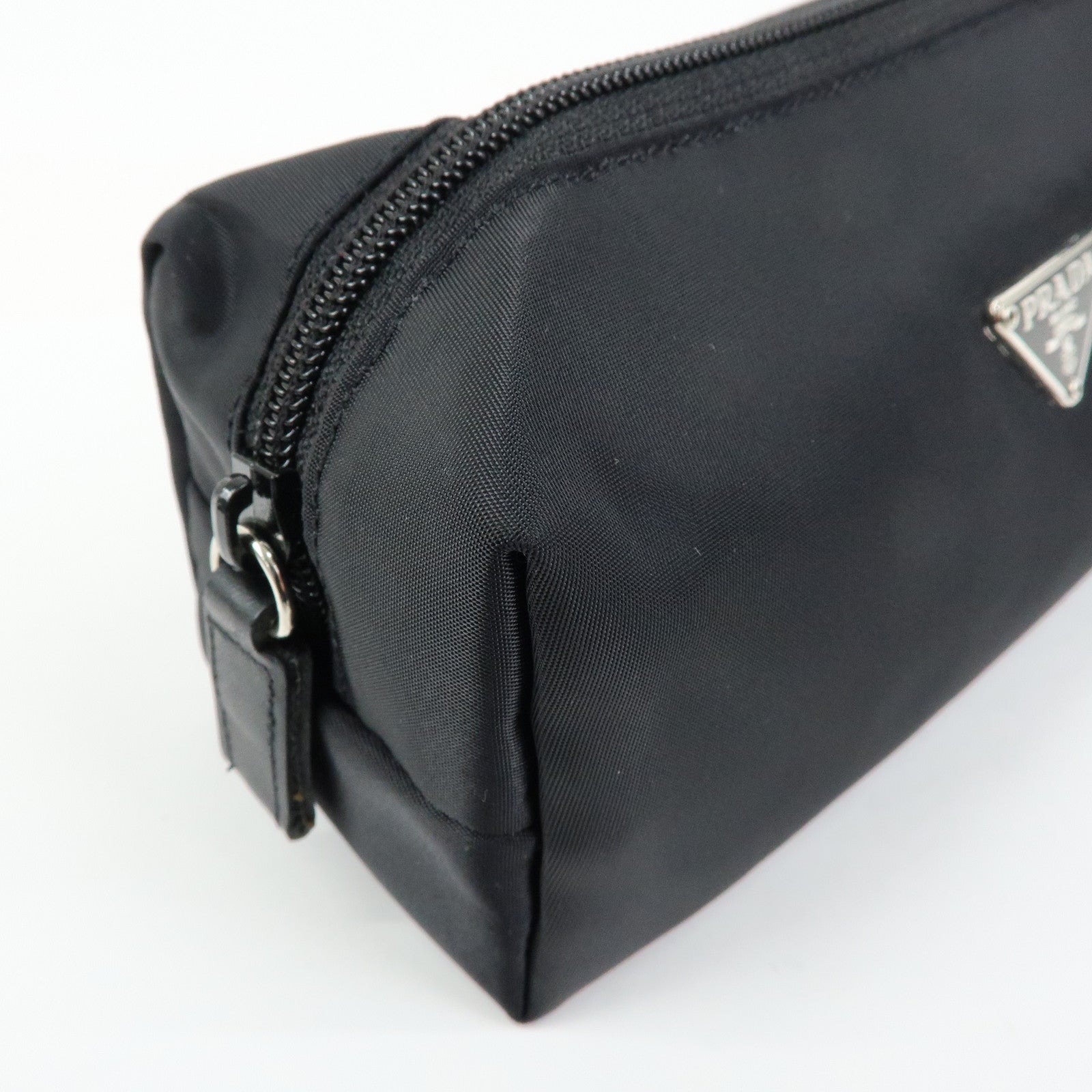 PRADA Triangle Logo Nylon Cosmetic Pouch Makeup Bag Black