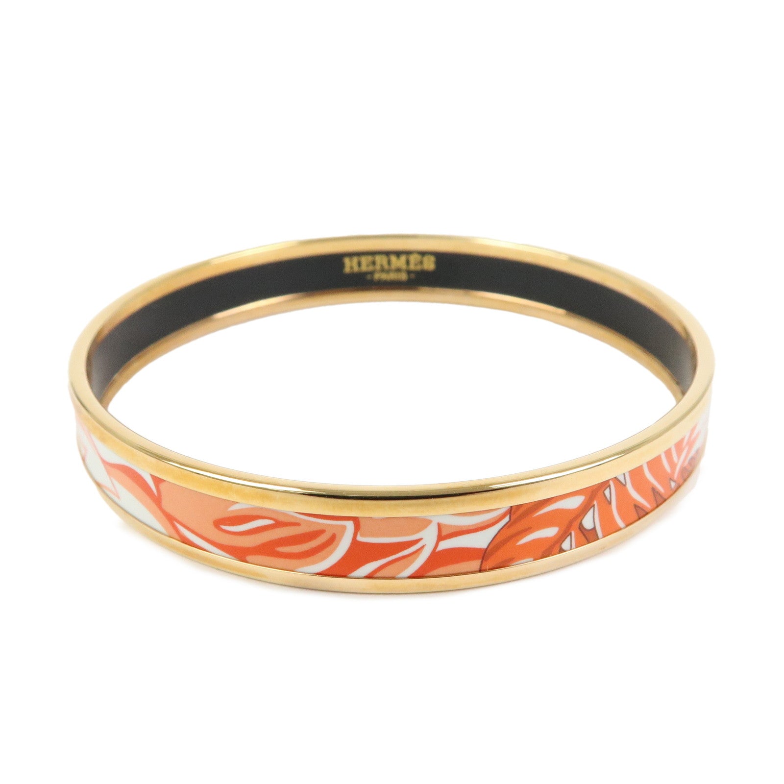HERMES Email PM Gold Plated Bracelet Bangle White Orange Gold