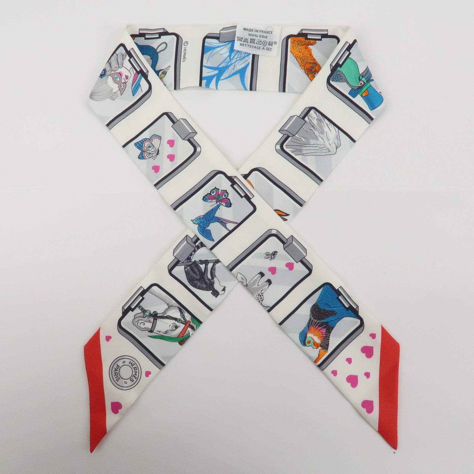 HERMES Twilly Silk 100% HERMES STORY Scarf White