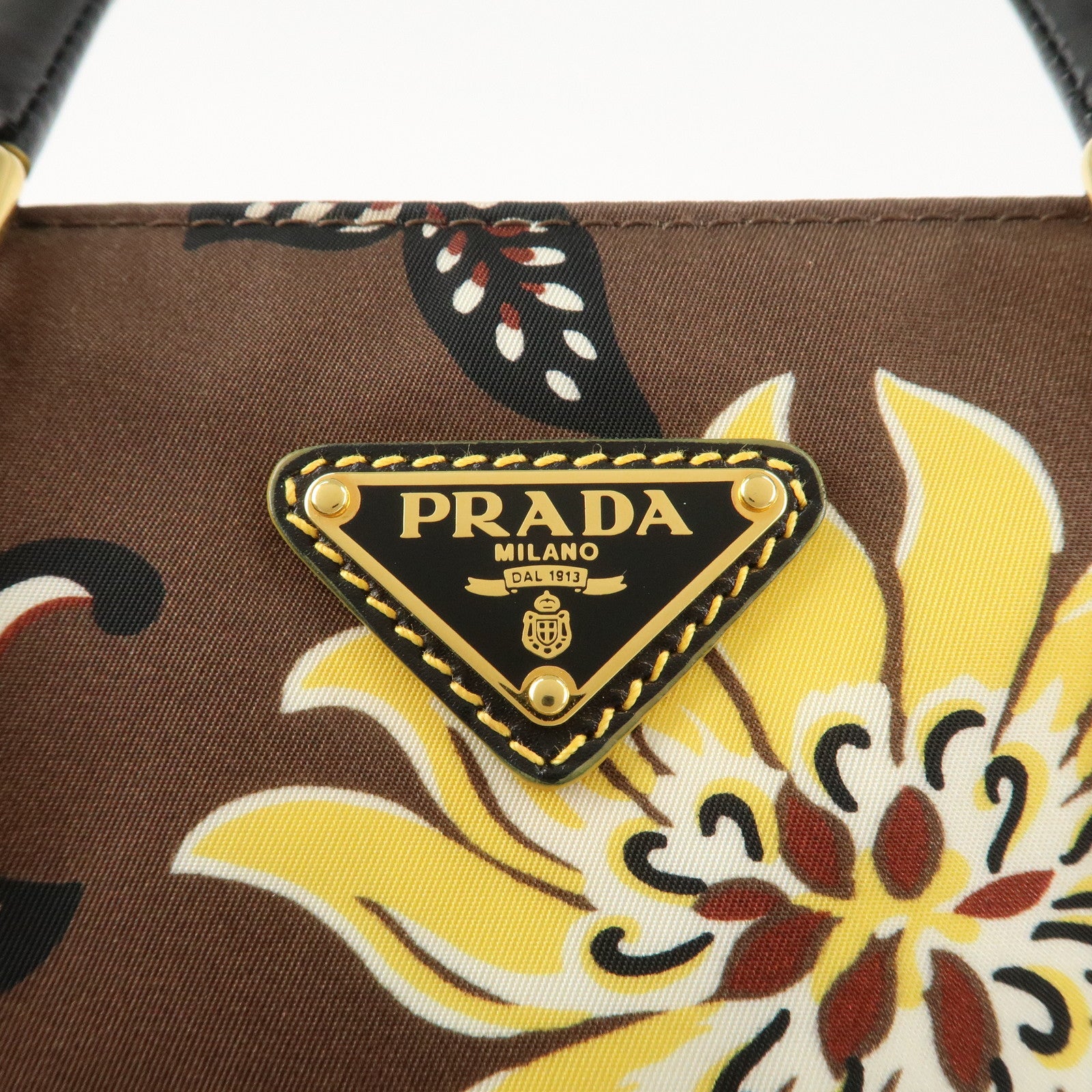 PRADA Triangle Logo Nylon Leather 2Way Bag Shoulder Bag Hand Bag Floral Print Brown Yellow BN2741 Used