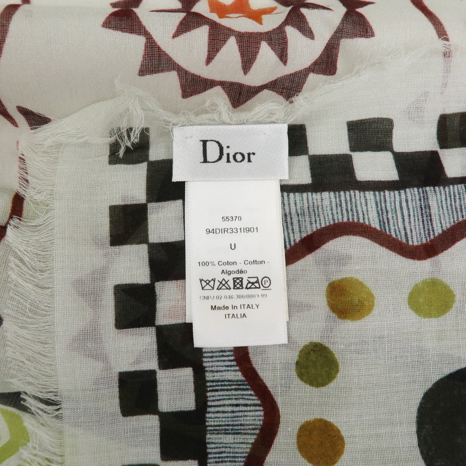 Christian Dior Logo Cotton 100% Scarf Geometric Motif Ivory Green