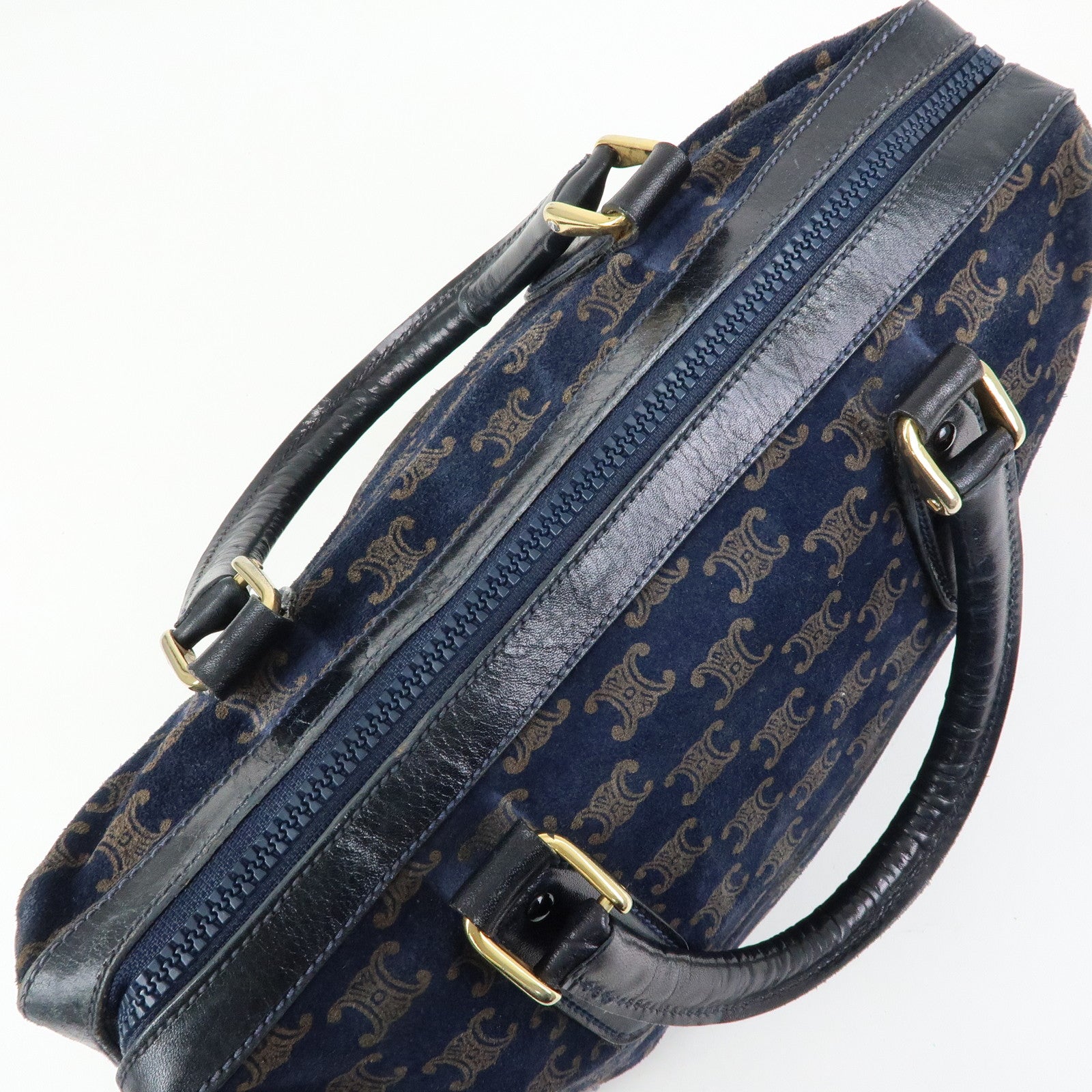 CELINE Macadam Leather Suede Hand Bag Boston Bag Navy