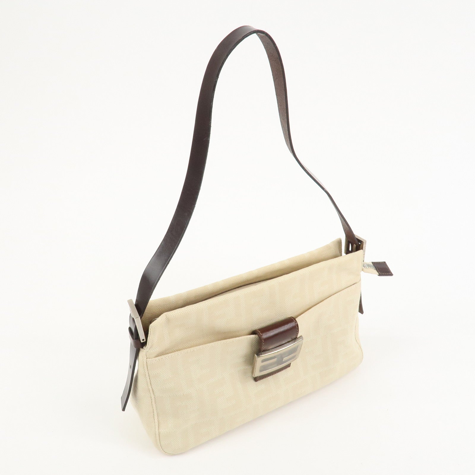 FENDI Zucca Canvas Leather Shoulder Bag Ivory Brown 26566