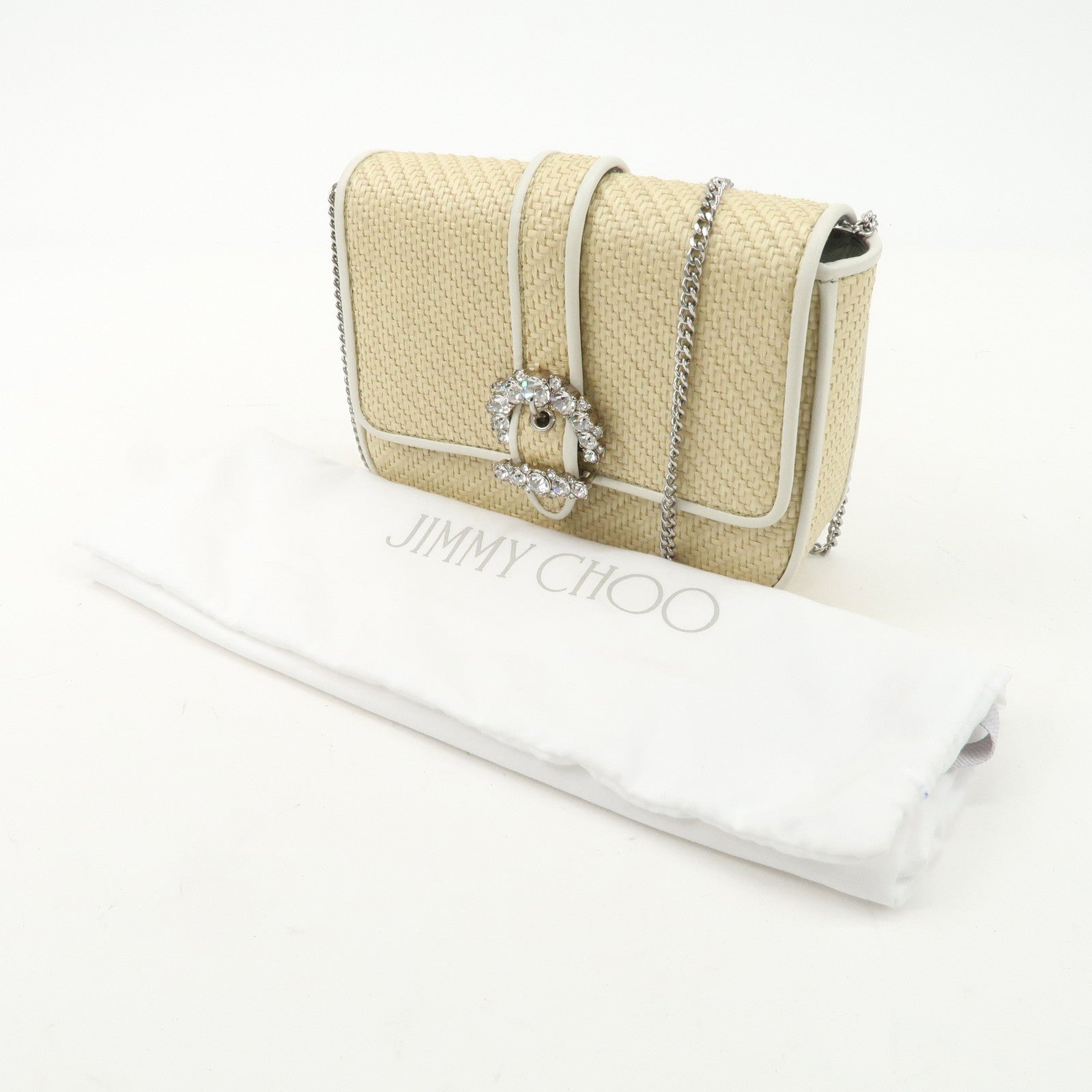 JIMMY CHOO Raffia Leather Mini Chain Shoulder Bag Beige Ivory