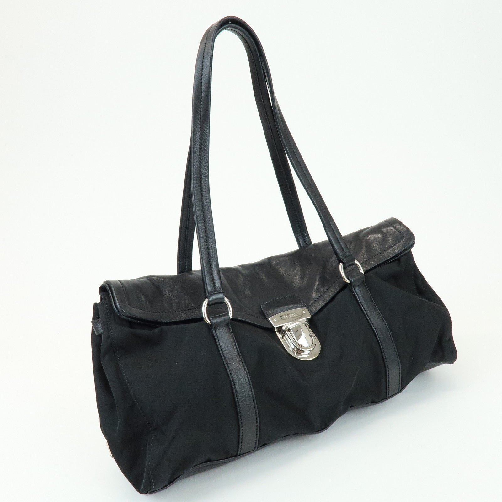 PRADA Triangle Logo Nylon Nappa Leather Shoulder Bag Black BR2613