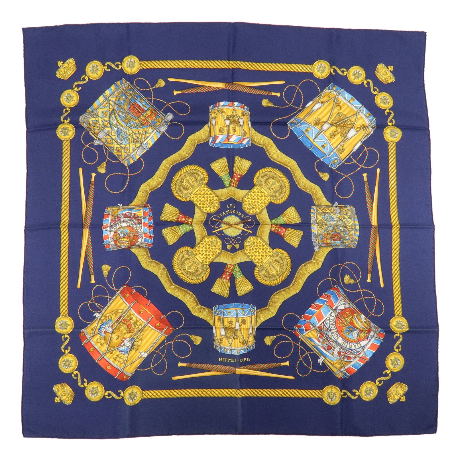 HERMES Carre 90 Silk 100% Scarf LES TAMBOURS Navy Gold