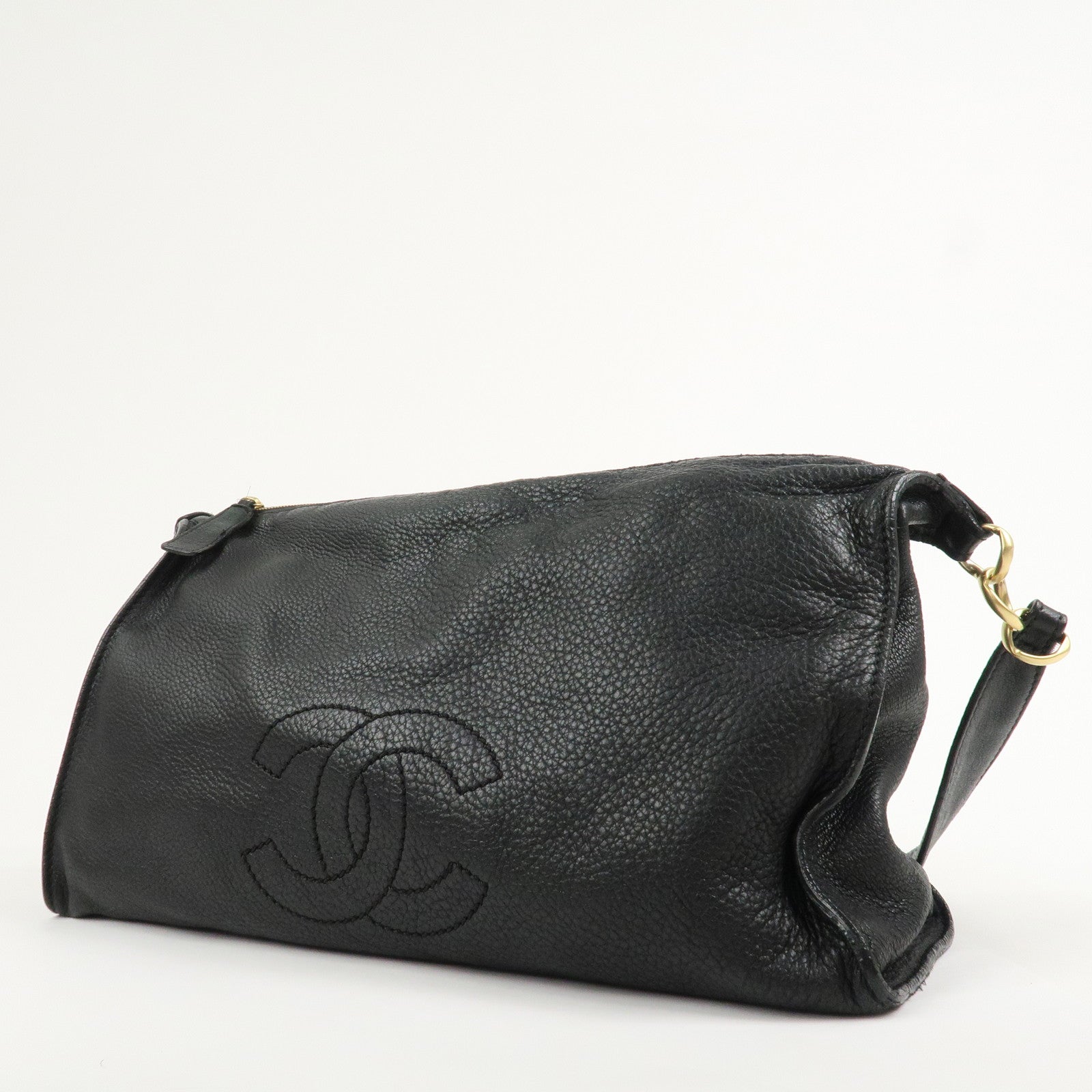 CHANEL Logo Leather Shoulder Bag Hand Bag Black