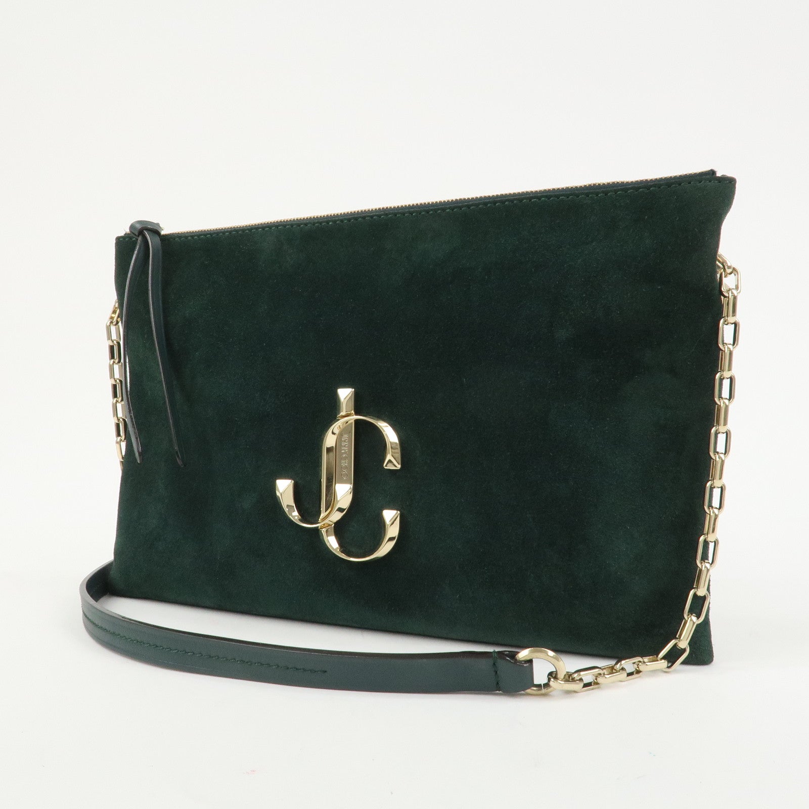 JIMMY CHOO VARENNE Suede Leather Chain Shoulder Bag Dark Green