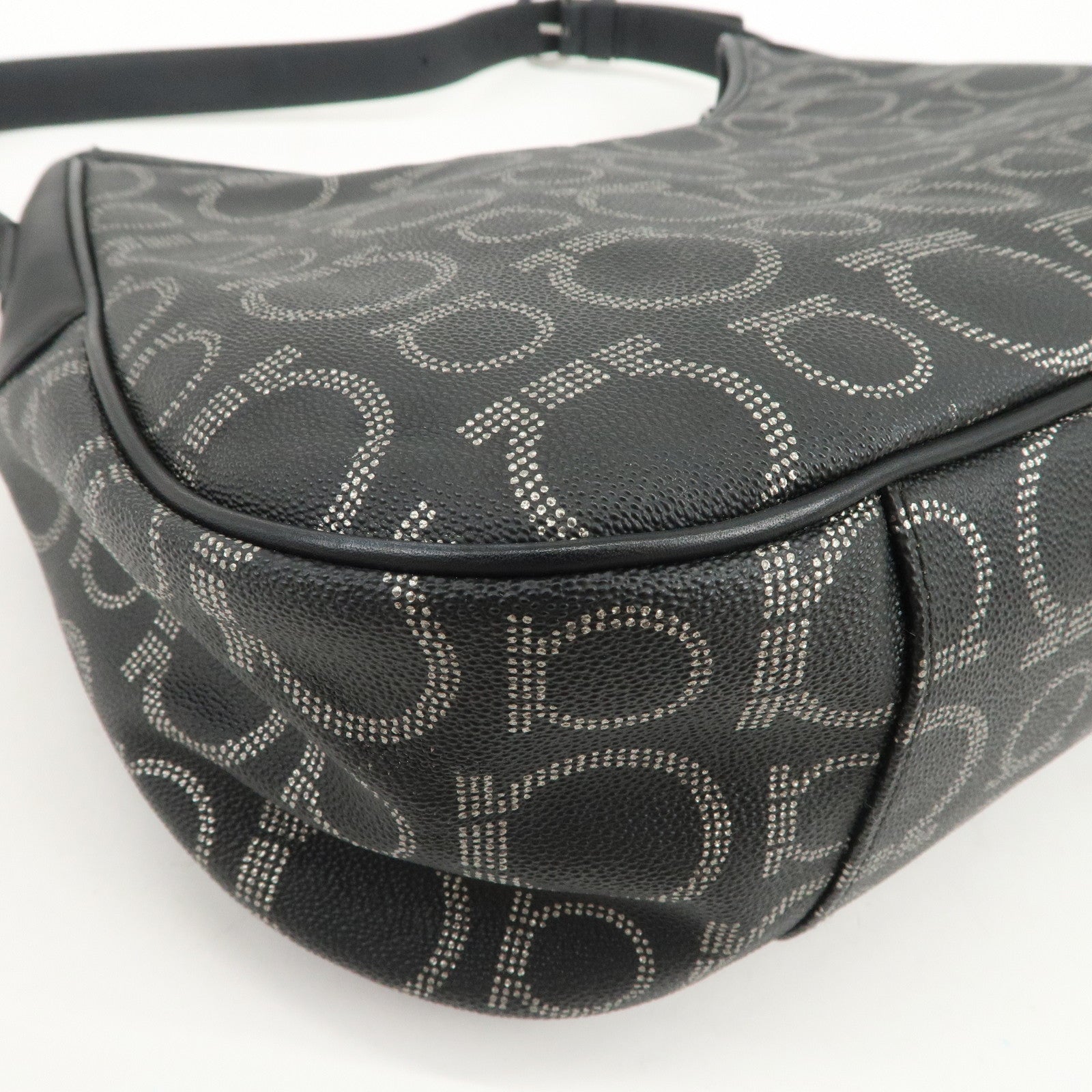Ferragamo Gancini Logo PVC Leather Shoulder Bag Hand Bag Black