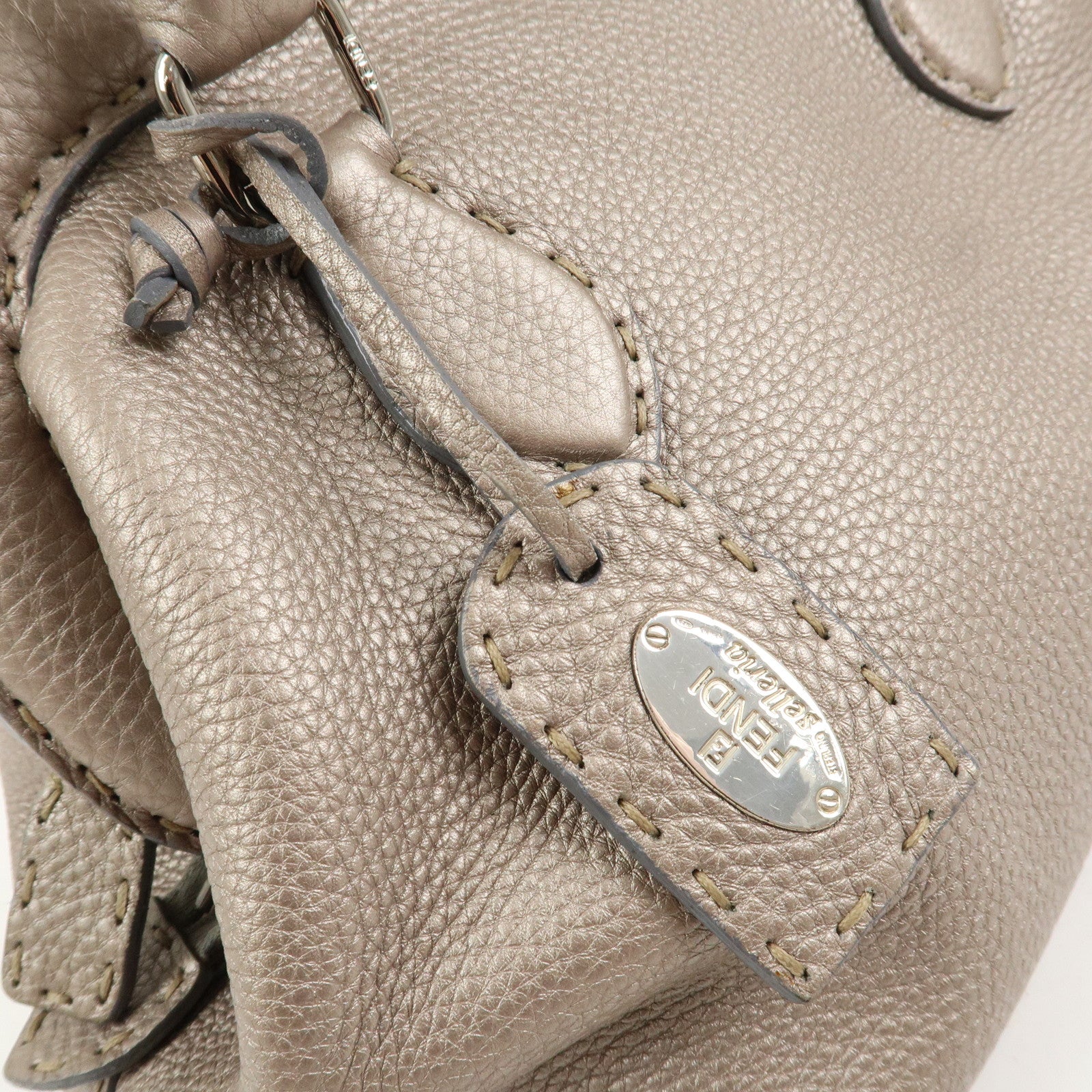 FENDI Selleria Logo Leather Boston Bag Hand Bag Greige 8BN127