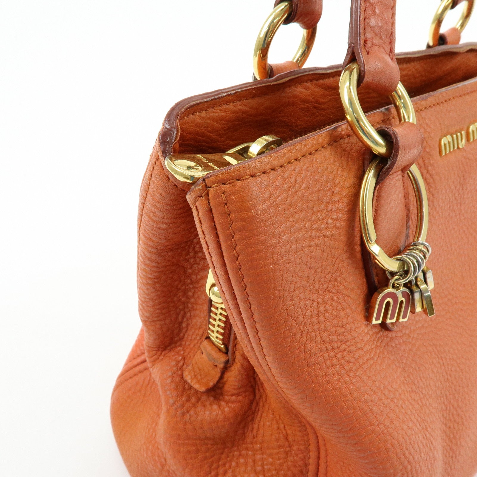 MIU MIU Logo Leather Hand Bag Tote Bag Orange