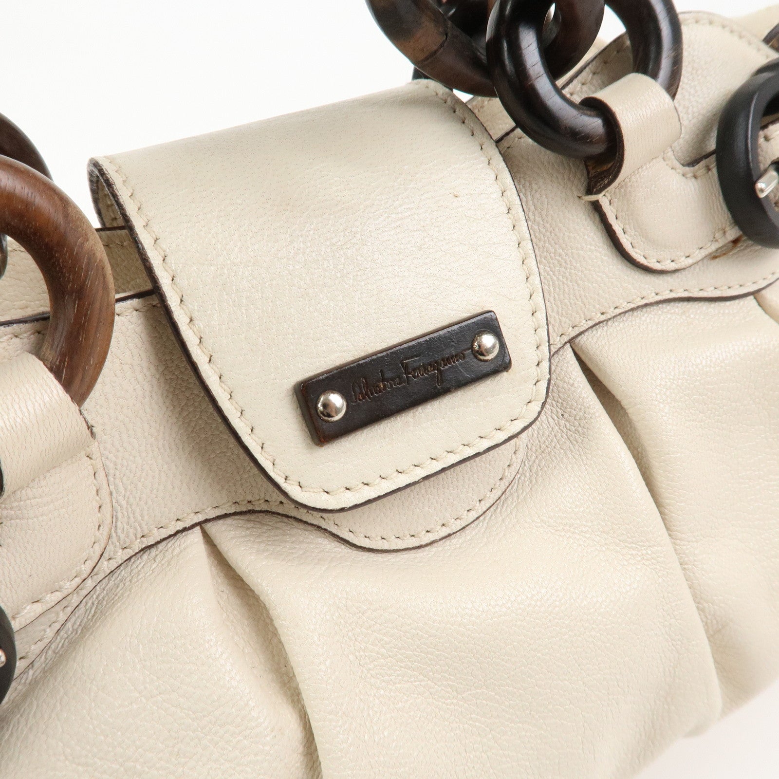 Ferragamo Leather 2 Way Bag Hand Bag Shoulder Bag Ivory