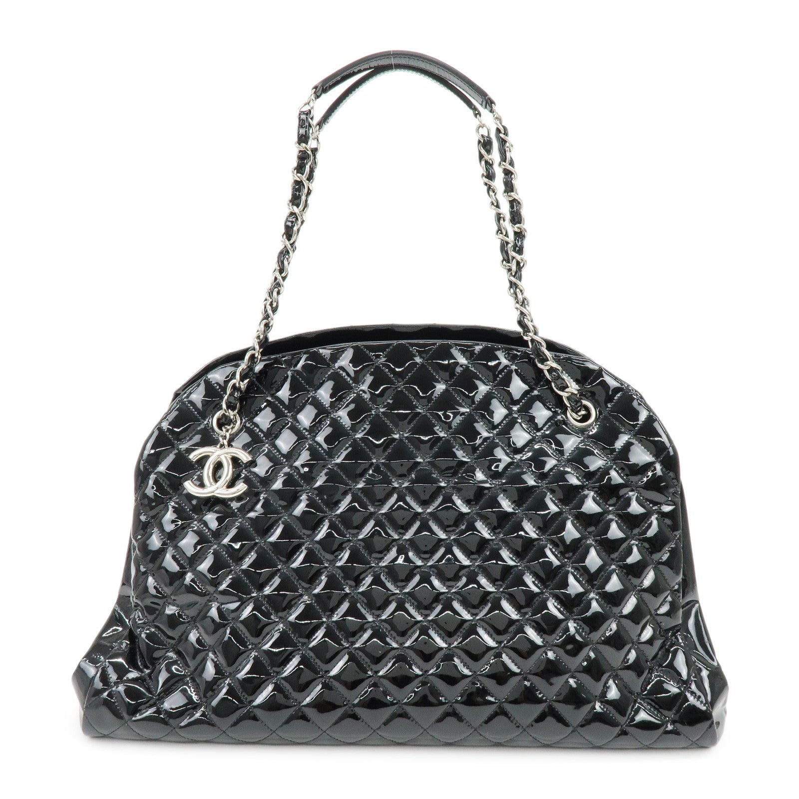 CHANEL Mademoiselle Patent Leather Shoulder Bag Bowling Bag Black