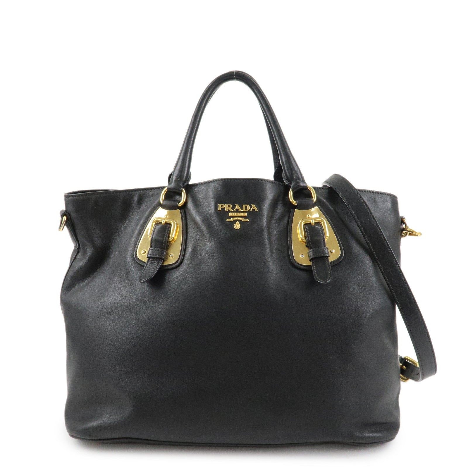 PRADA Logo Calf Leather 2Way Tote Bag Hand Bag Black Gold HDW BN1902 Used