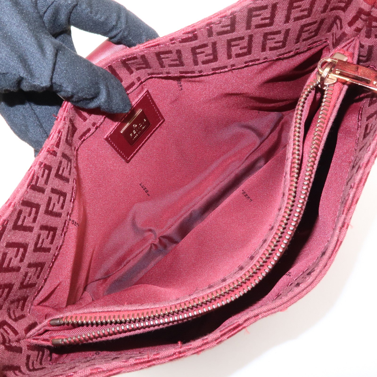 FENDI Zucchino Leather Canvas Shoulder Bag Hand Bag Red Used