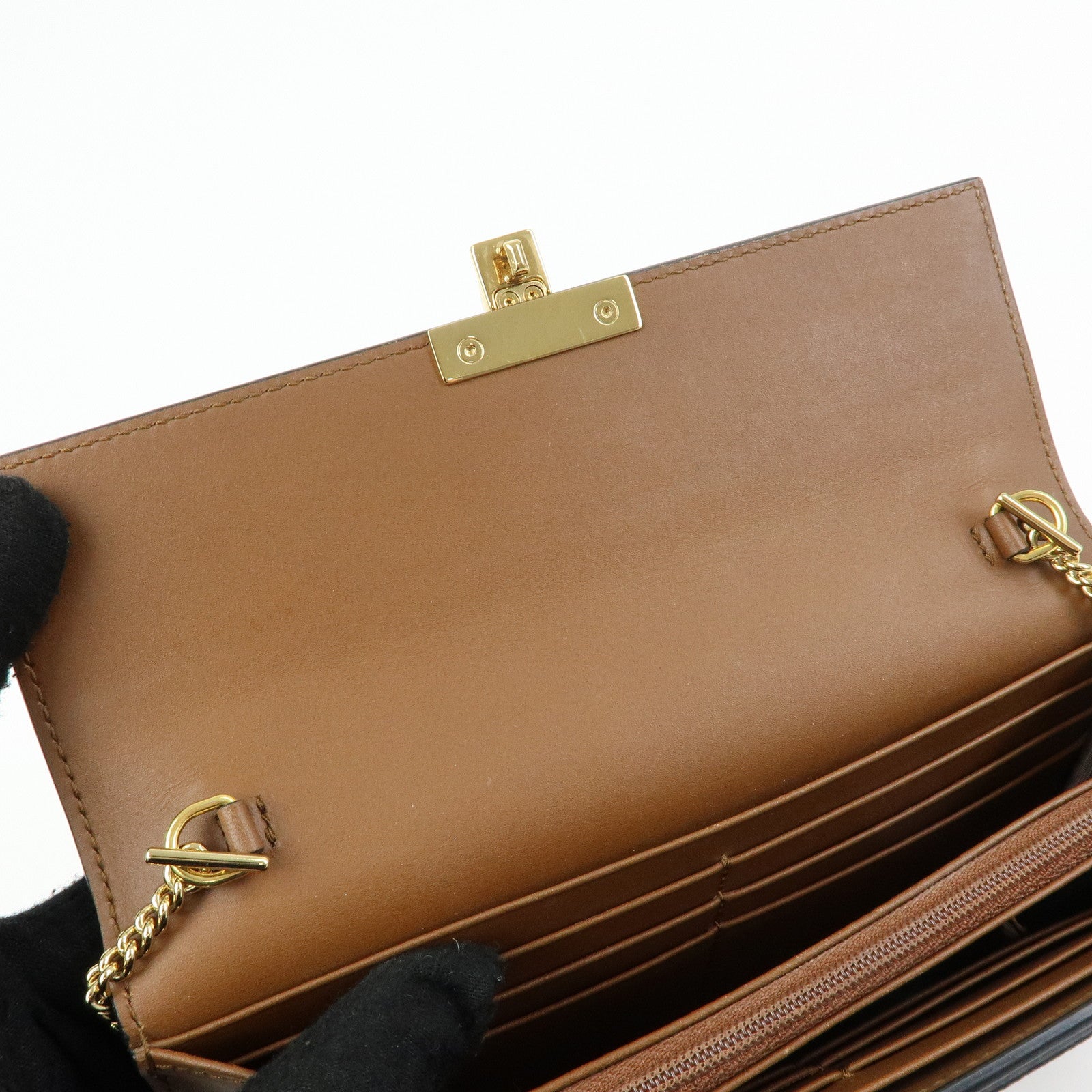 GUCCI GG Supreme Leather Chain Long Wallet WOC Beige Black 453506