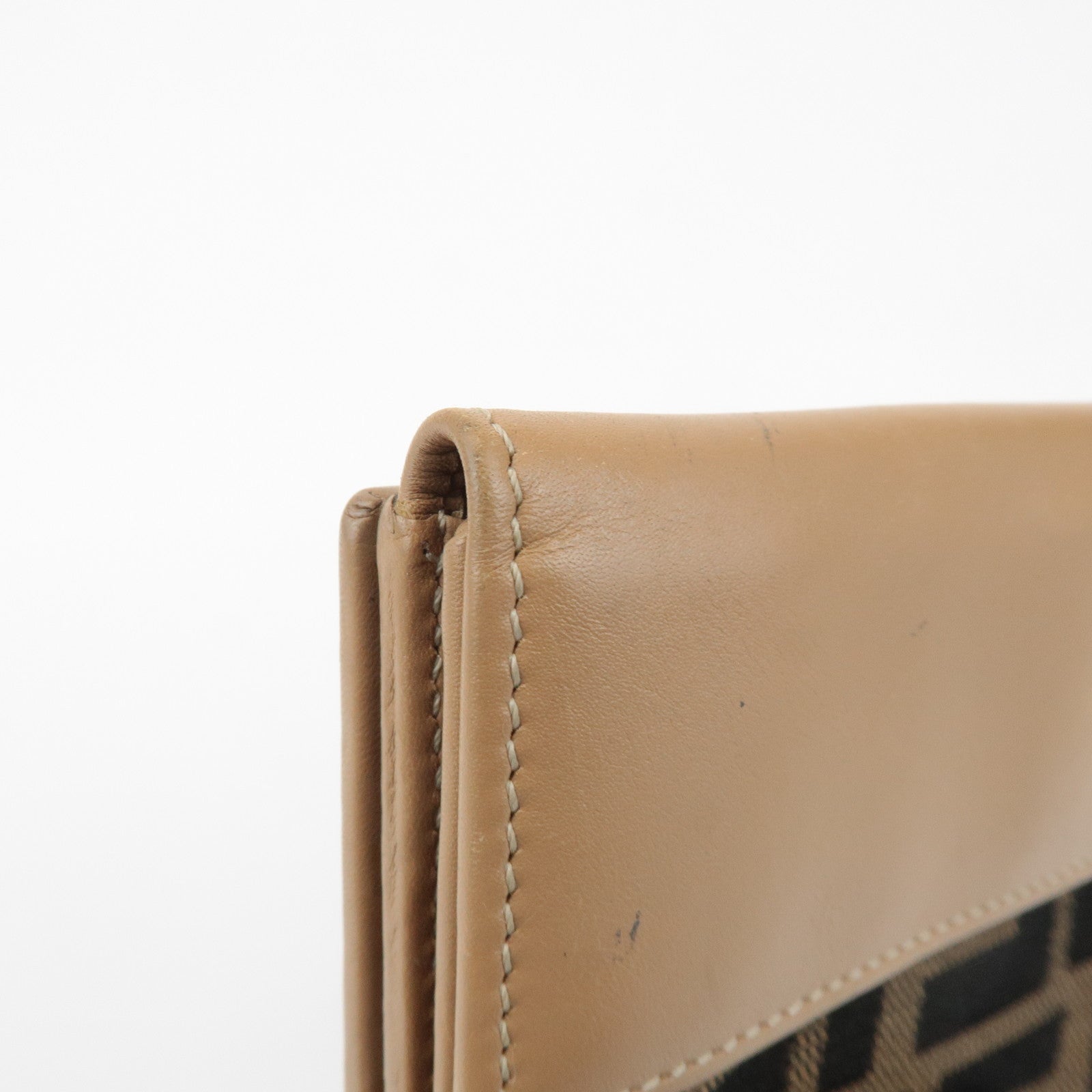 FENDI Zucca Leather Canvas Double Hook Bi Fold Wallet Beige 8M0035 Used