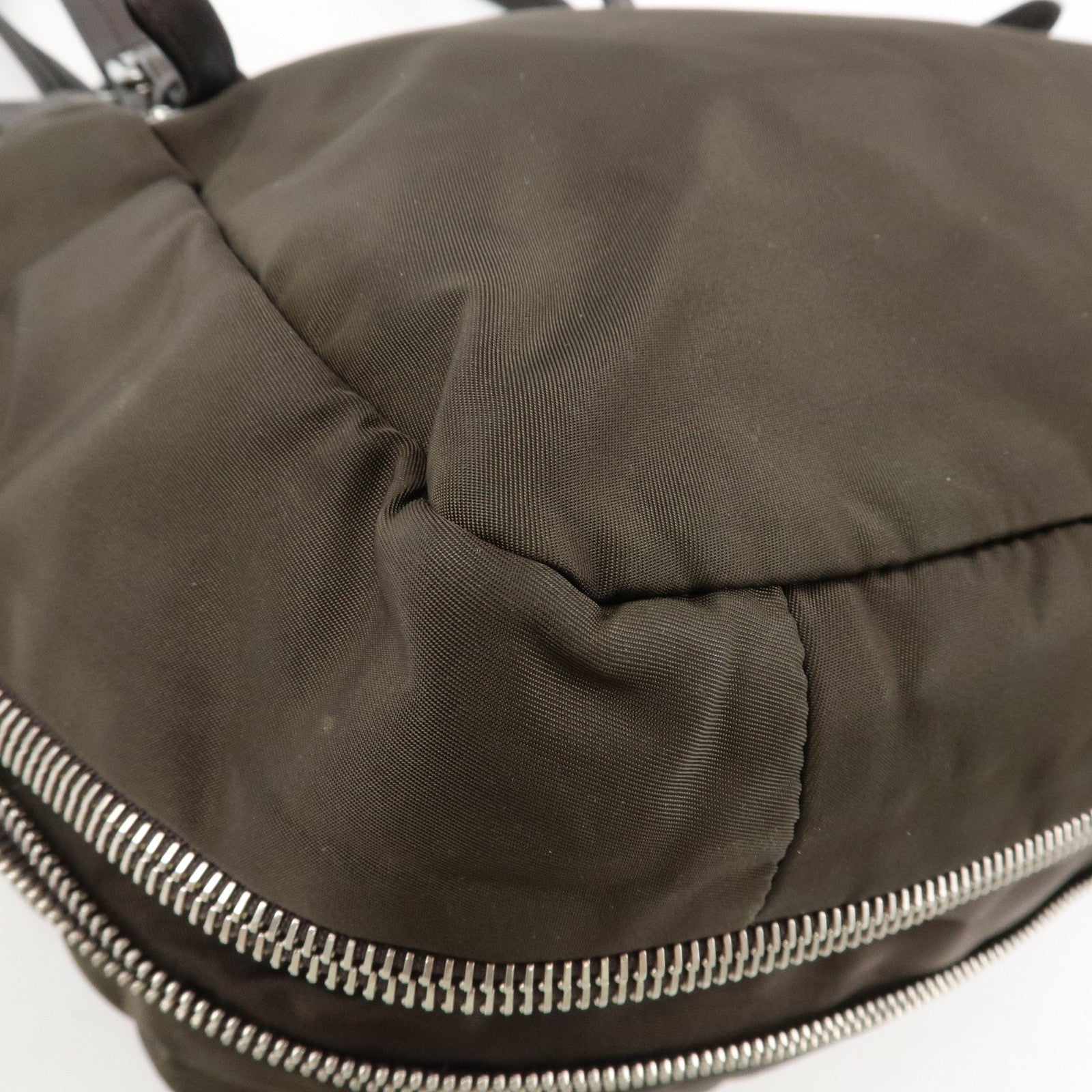 PRADA Logo Nylon Leather Tote Bag Shoulder Bag Khaki Metallic Brown Used