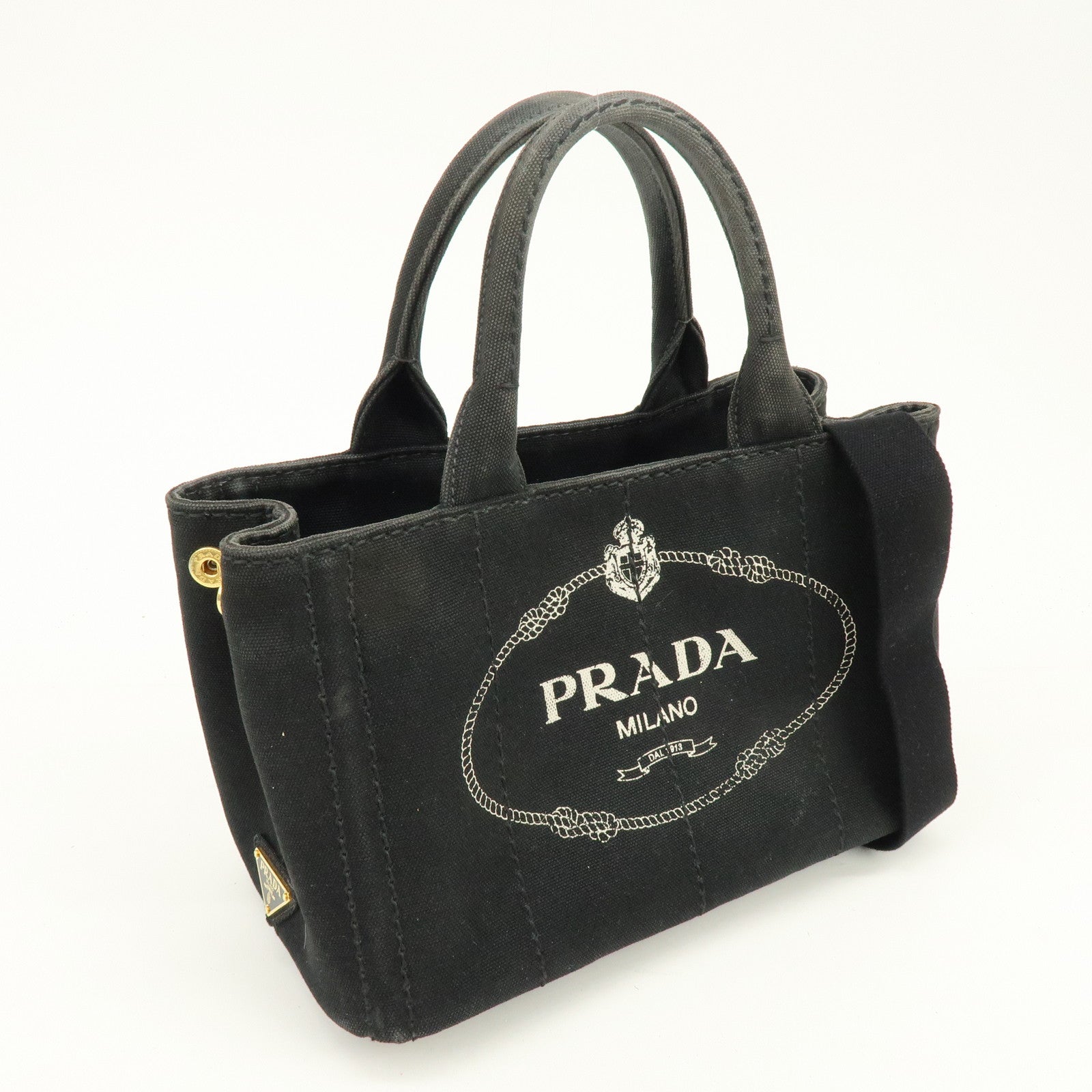 PRADA Triangle Logo Canapa Mini Canvas 2Way Hand Bag Black 1BG439