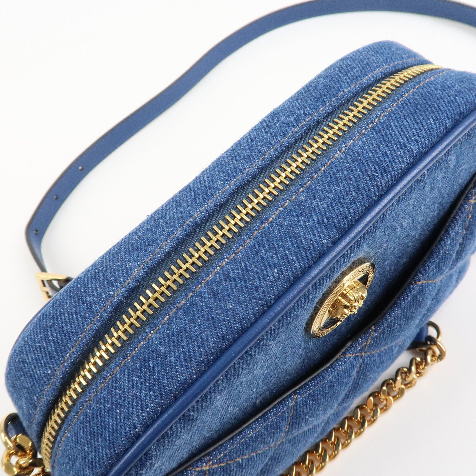 GIANNI VERSACE Denim Leather Chain Shoulder Bag Blue