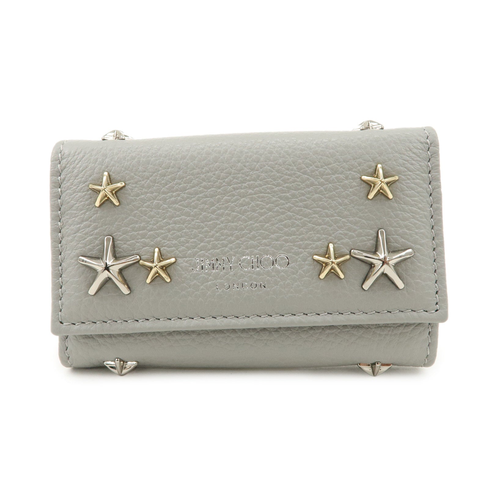 JIMMY CHOO Neptune Leather Studs Key Case Gray Silver Gold 101953 Used