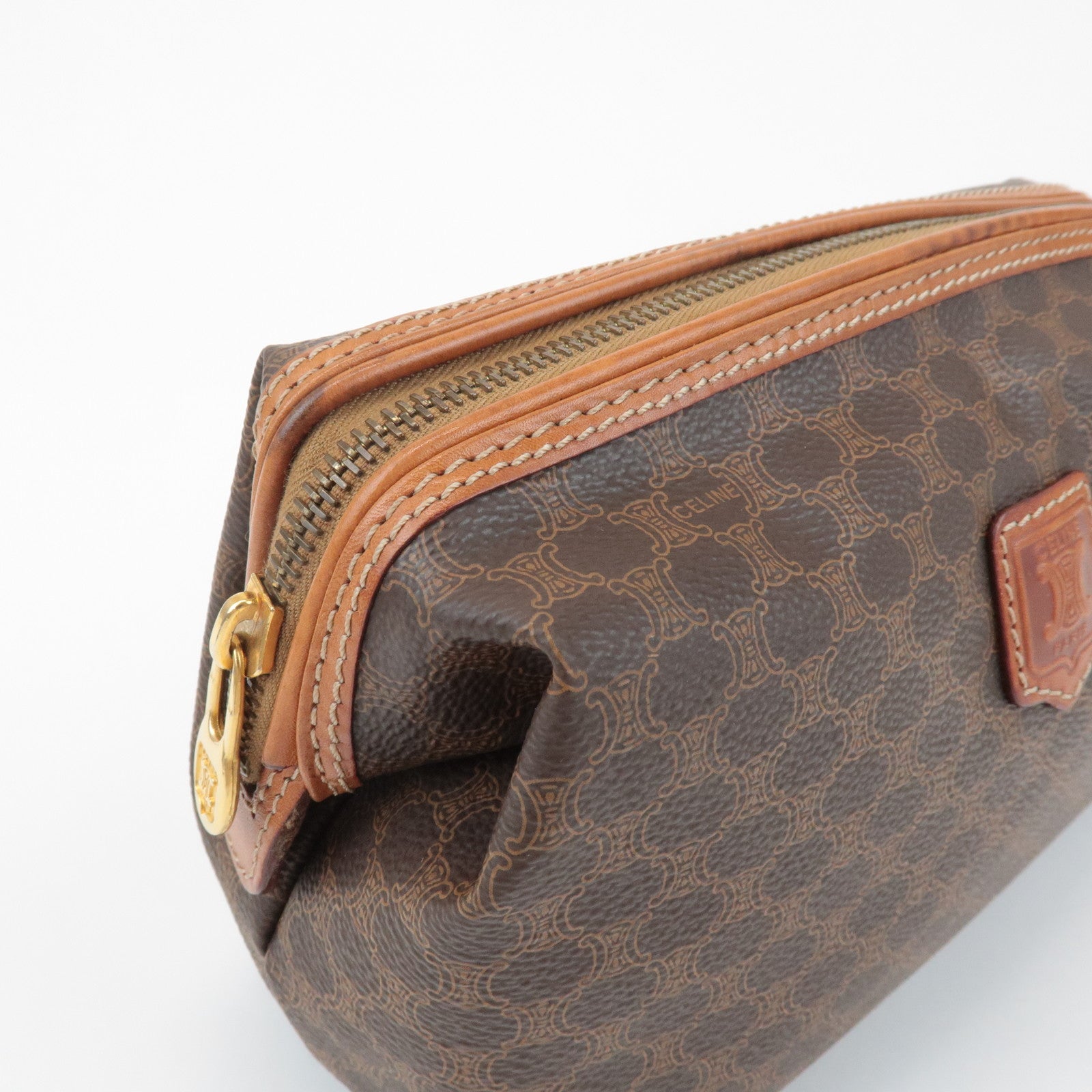 CELINE Macadam PVC Leather Canvas Pouch Brown Gold Hardware