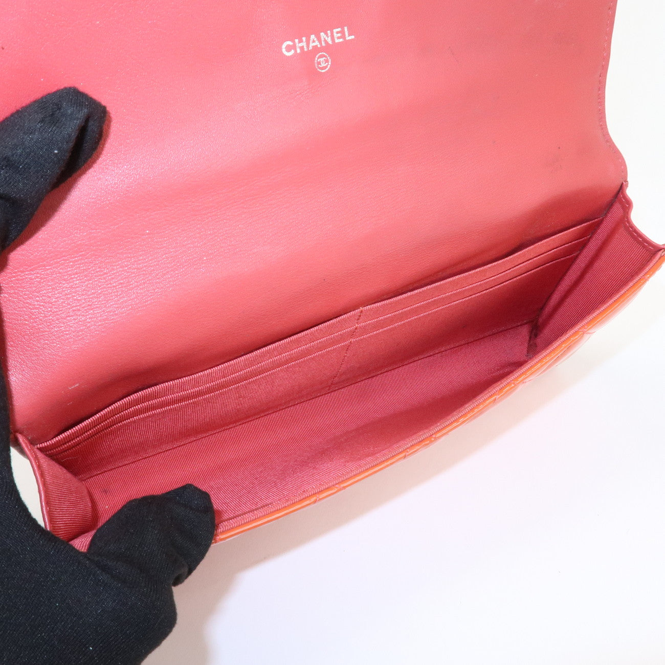 CHANEL Matelasse Patent Leather Long Wallet Card Case Pouch Orange Used
