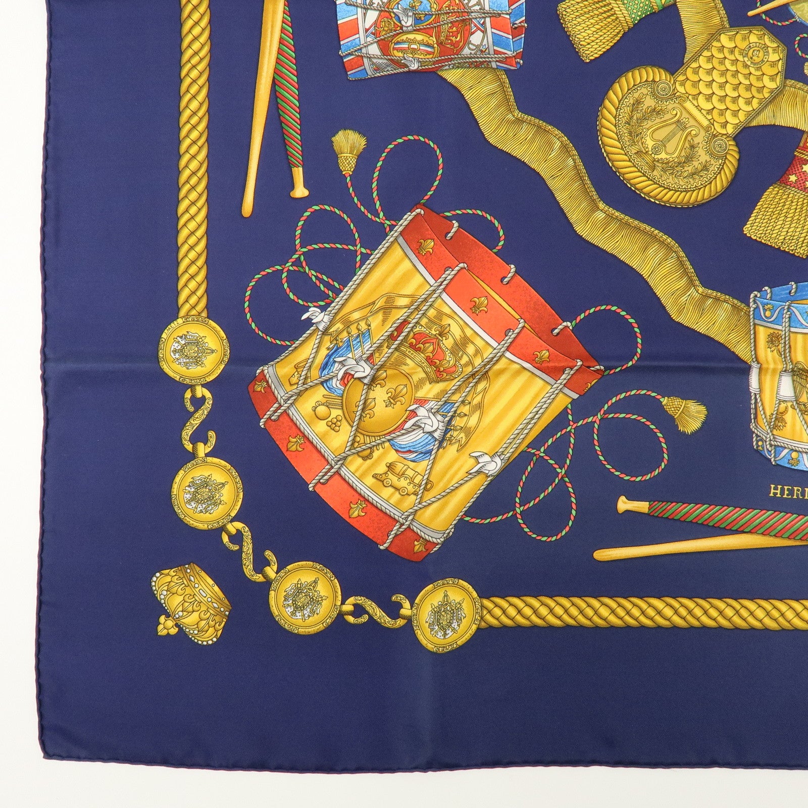 HERMES Carre 90 Silk 100% Scarf LES TAMBOURS Navy Gold