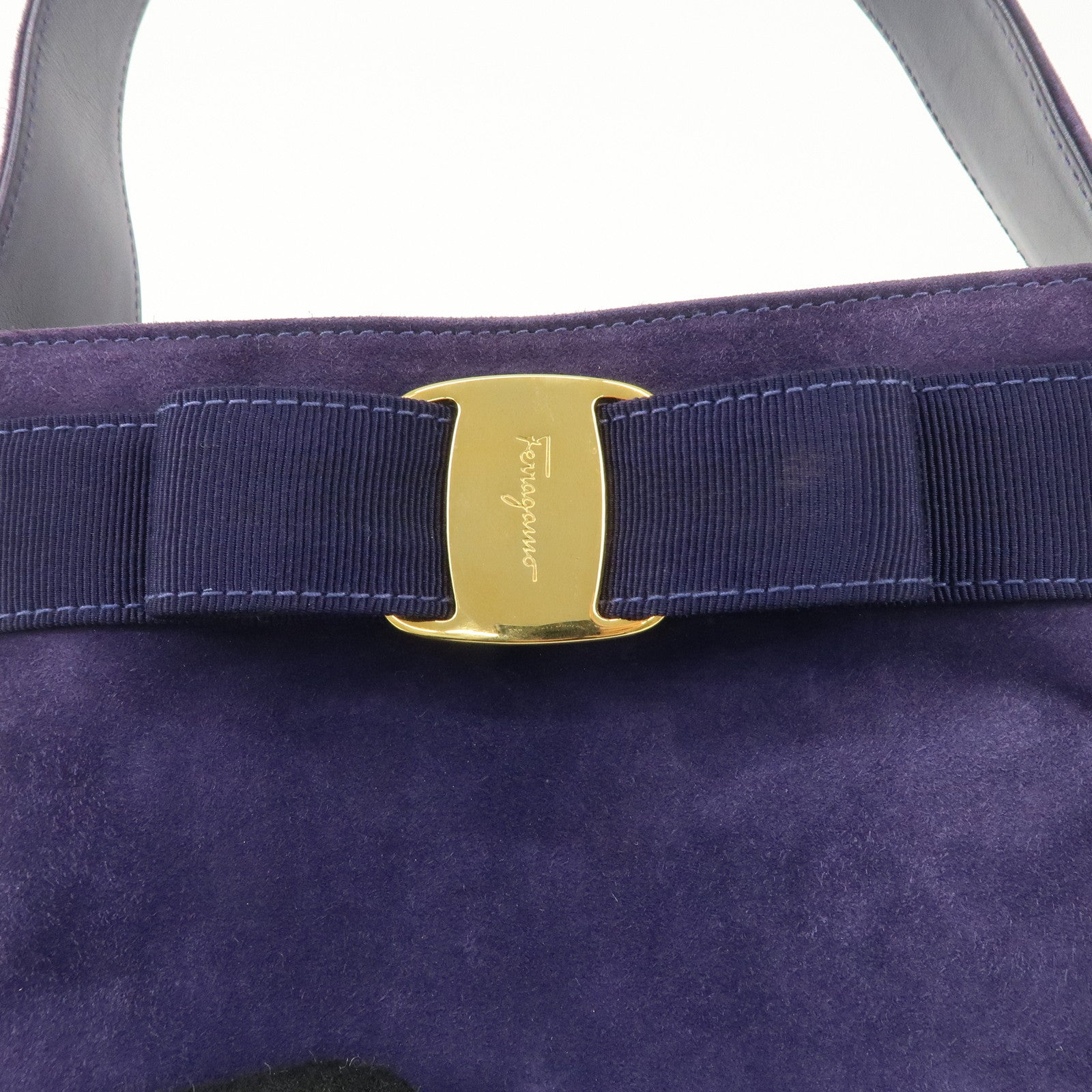 Ferragamo Vara Ribon Suede Hand Bag Purple Gold Hardware Used