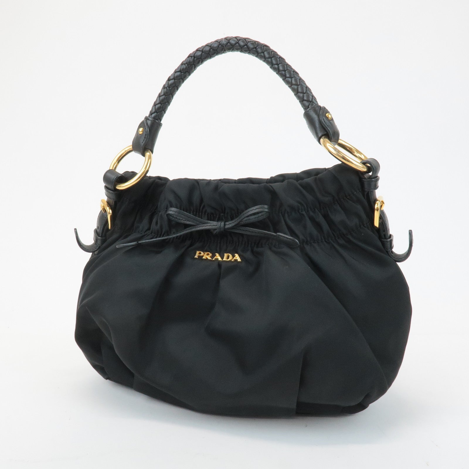 PRADA Ribbon Leather Nylon Shoulder Bag Hand Bag Black